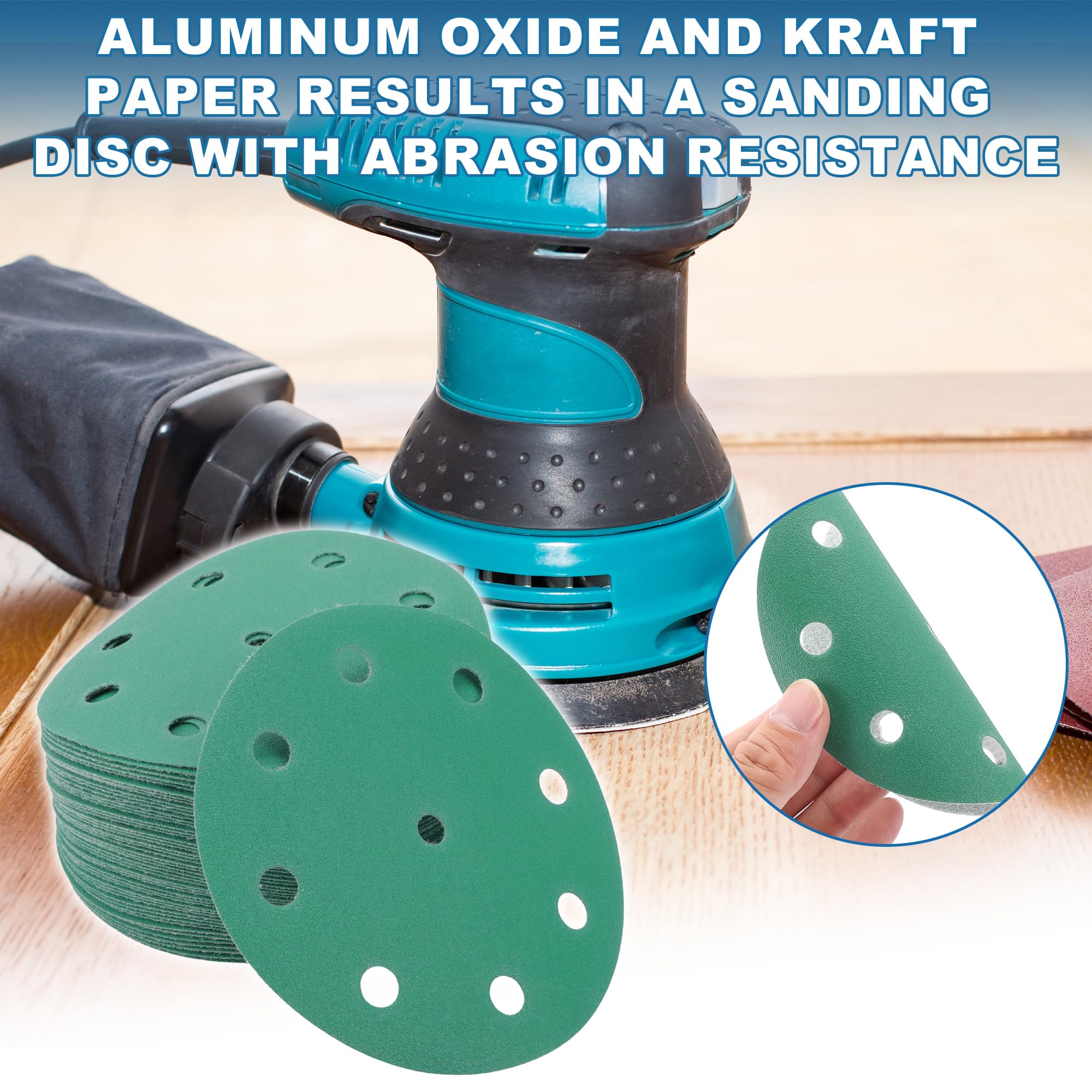 A ABSOPRO Sanding Discs 5 Inch 9 Hole 180 Grit Round Hook and Loop Sandpaper Aluminum Oxide Green 50pcs, 5" - Image 2