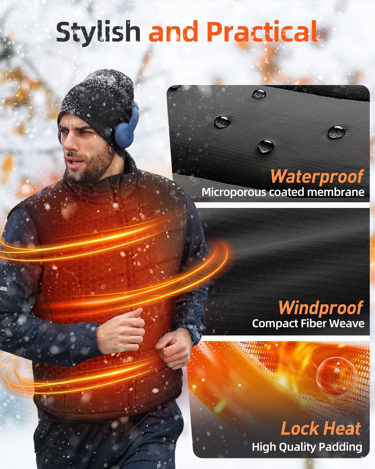 POSUGEAR Chaleco Térmico con APP Control para Hombre, Batería 12V 12000mAh, Función de Energía Móvil, Chaleco Ligero con Amplio Rango de Calentamiento (XL, Negro)