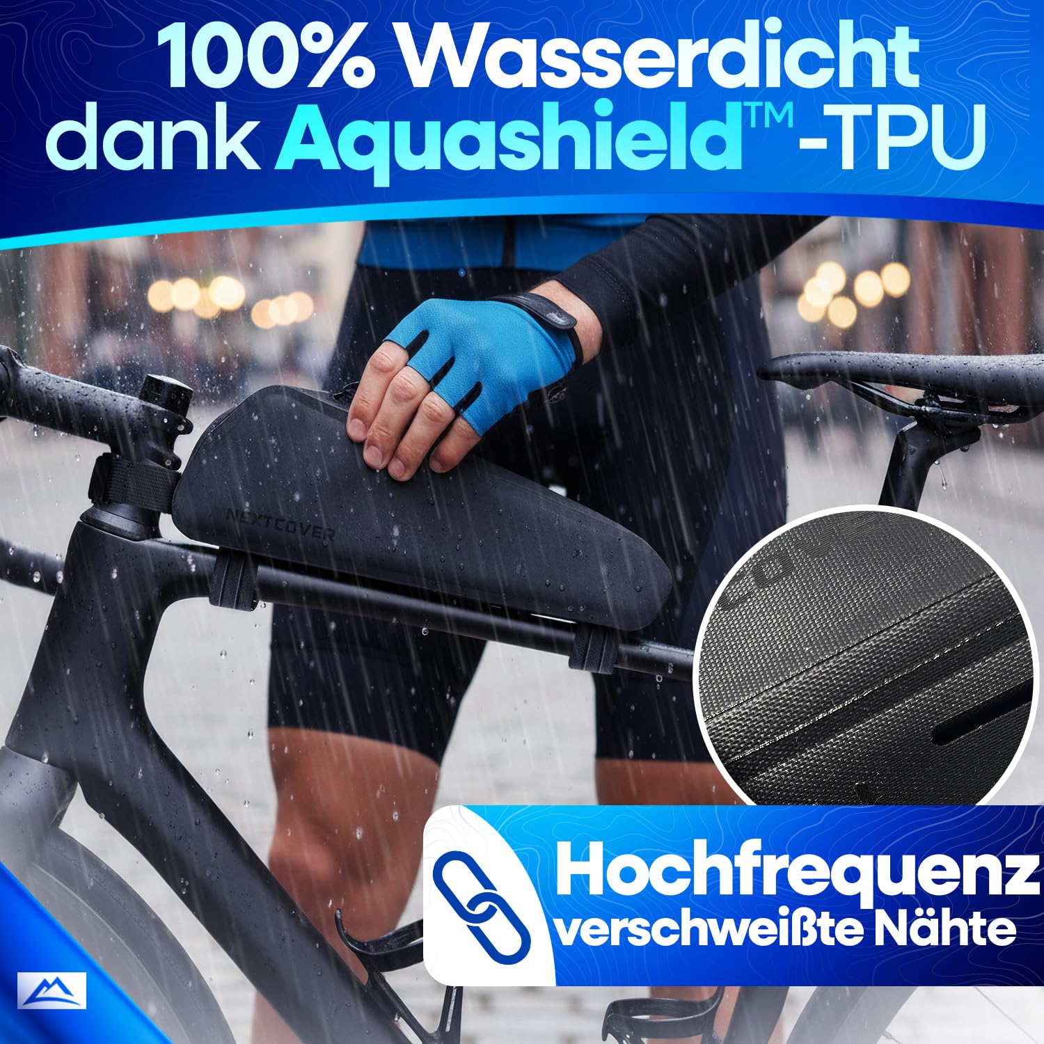 Nextcover® Bikepacking Oberrohrtasche Klett I 100% Wasserdicht Dank AquaShield-TPU I Kompakte Rahmentasche Fahrrad I Bikepacking Taschen für Gravelbike, Rennrad, MTB, Top Tube Bag