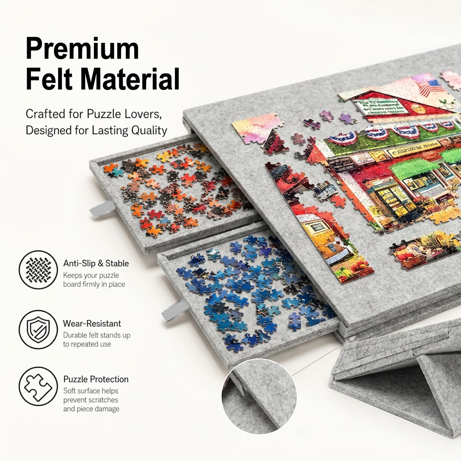 Deska do puzzli 2 w 1 na 1000 elementów z 6 szufladami, uchylny i składany stół do puzzli z filcu z pokrywą i stojakiem, przenośna teczka do przechowywania puzzli (srebrno-szara)