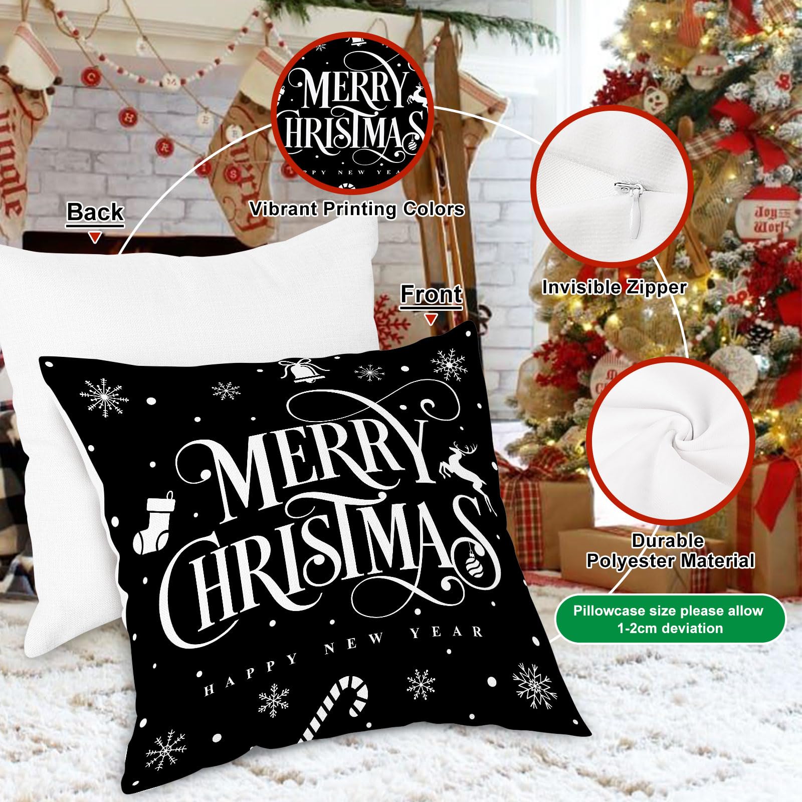 Lanpn 40x40 cm Black Christmas Pillow Covers Set of 4, Winter Decorative Pillow Case - Image 3