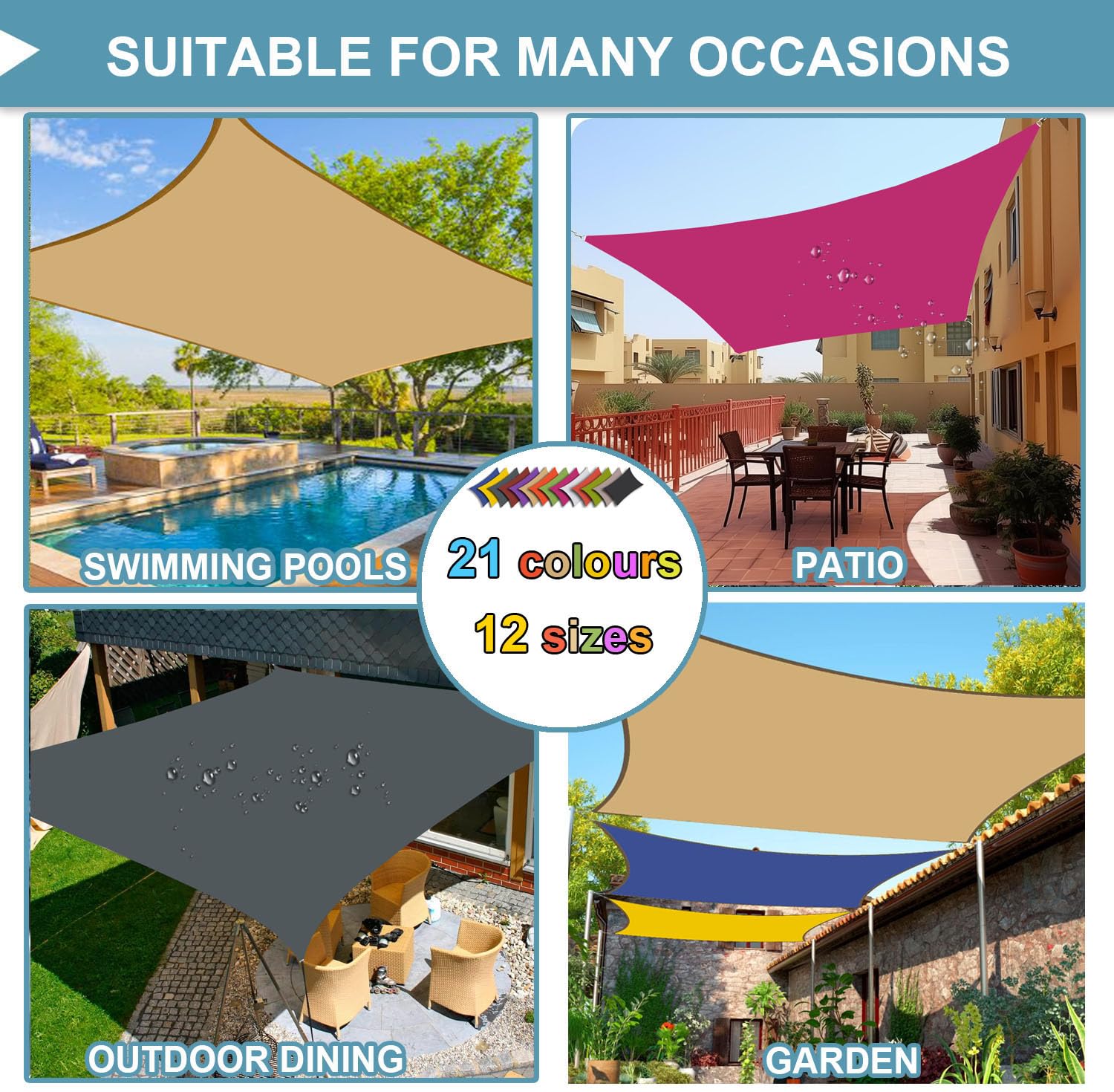 Tenda parasole rettangolare, 5 x 7 m, 95% UV, protezione solare da giardino, impermeabile, per giardino, patio, feste, pergola, balcone, bianco sporco