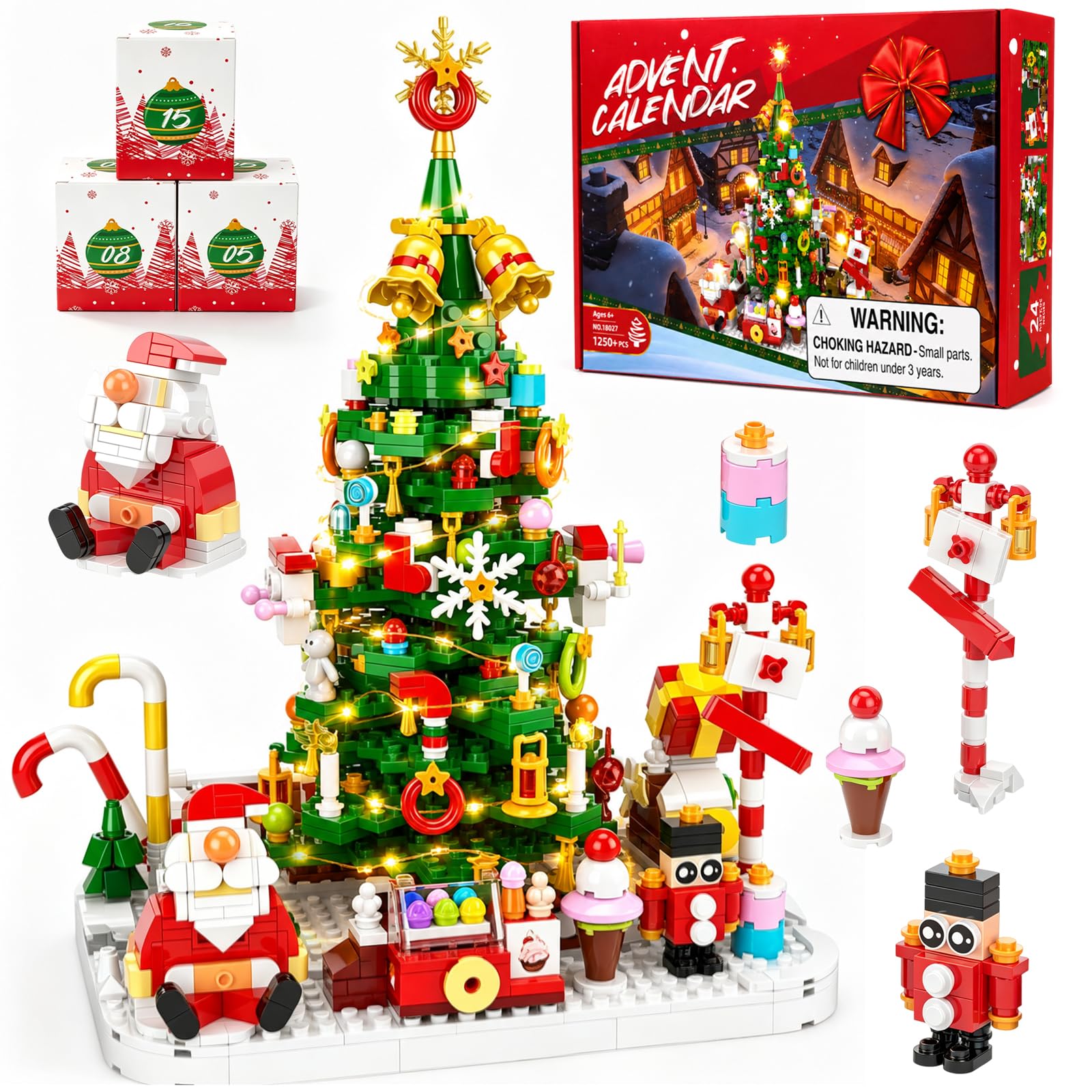 Calendario dell'Avvento 2024 Set di giocattoli per la costruzione dell'albero di Natale con luce LED, Building Blocks Educational Toy, Giocattoli di Natale per bambini ragazzi ragazze 6+