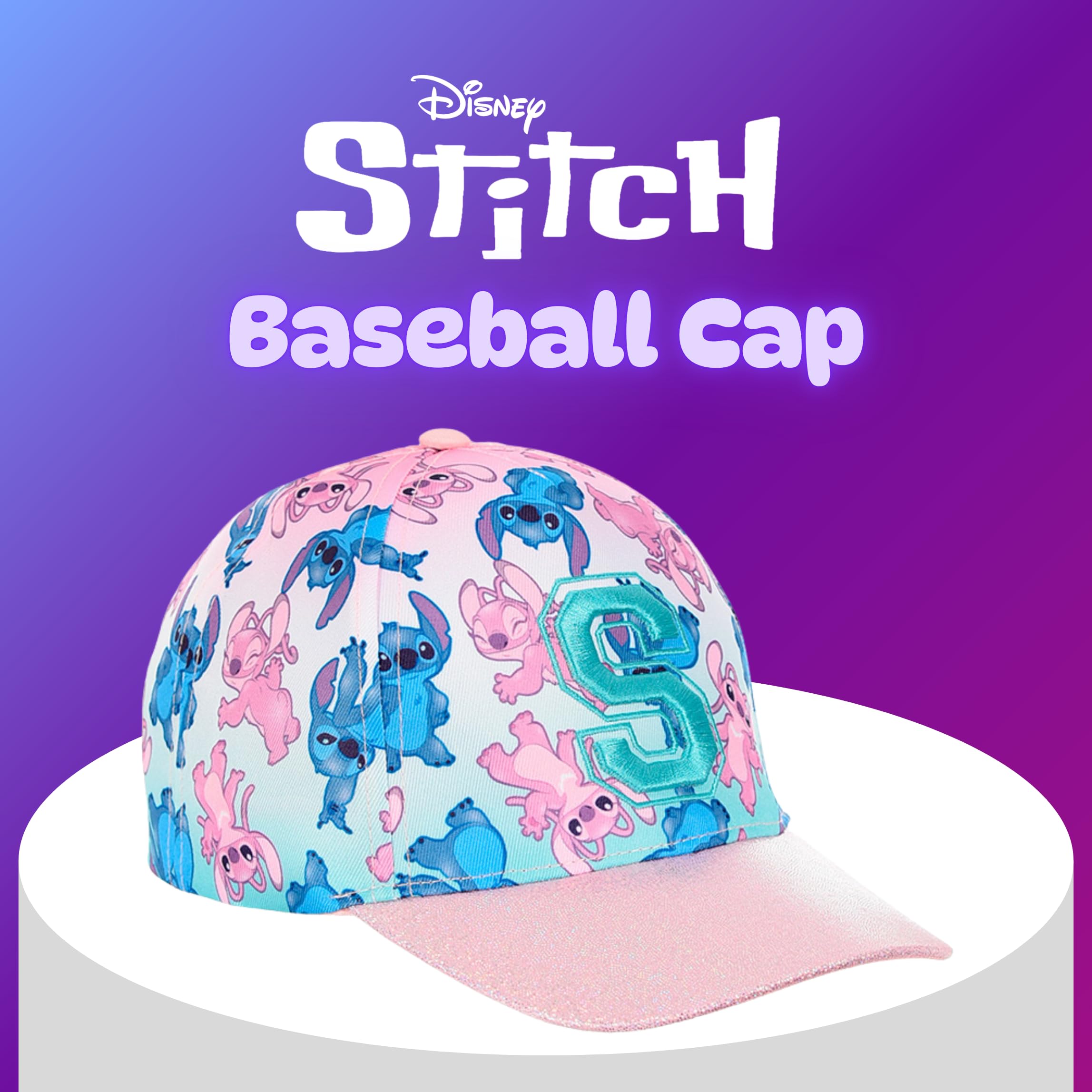 Disney Stitch y Angel Gorro para Niñas, Gorra de Beisbol Purpurina 3D, Gorra de Verano Infantil