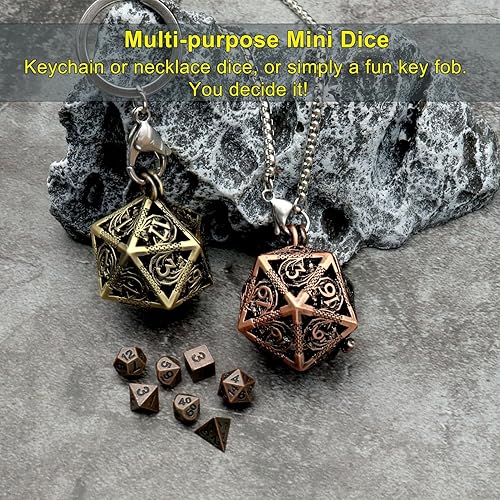 Miniatura 2 de Haxtec Juego de dados pequeños de metal DND con cobre hueco D20, collar D20, juego de dados pequeños antiguos, llavero D&D, portátil, 7 piezas