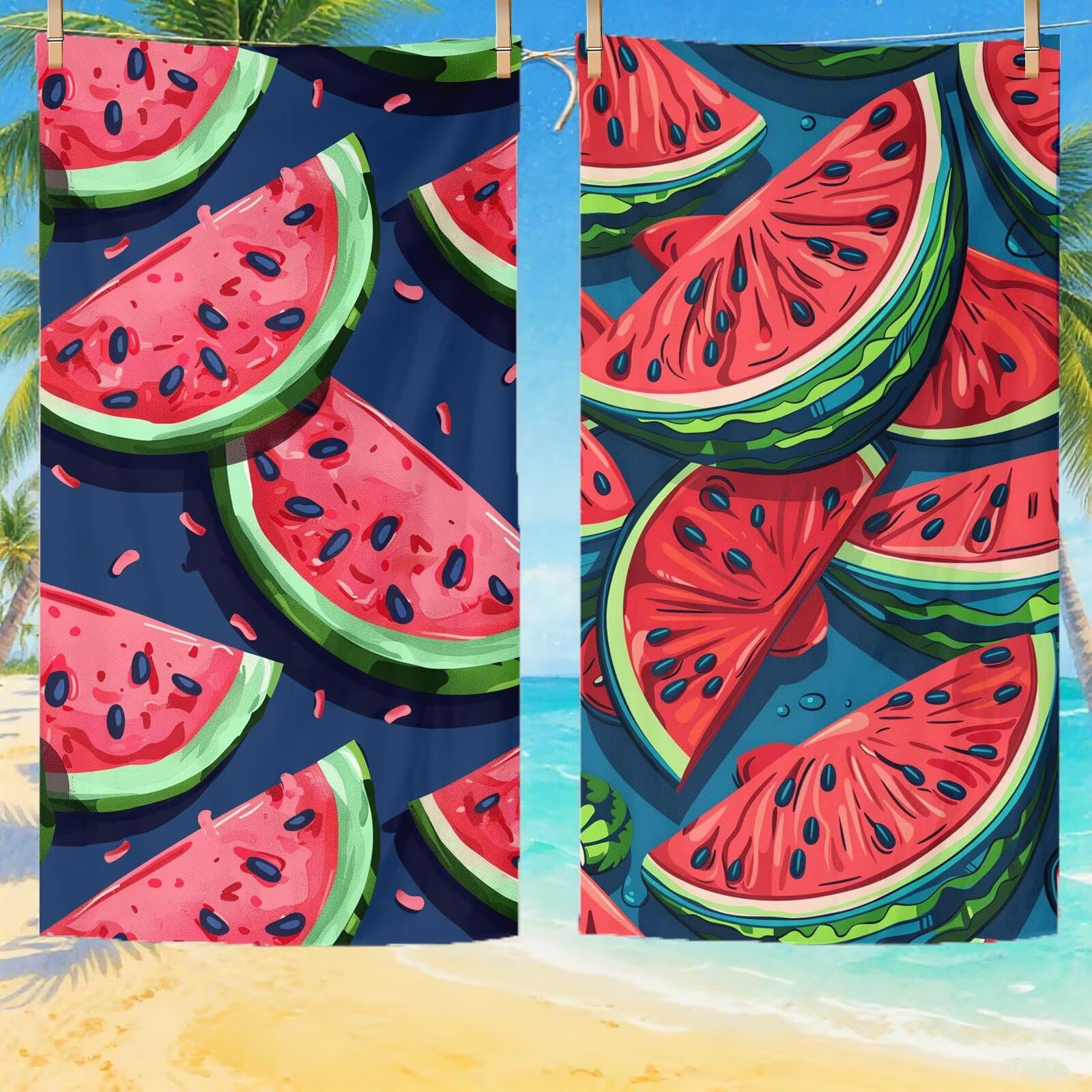 Serviette de Plage Microfibre Serviette Plage 80x180 2 Pack Séchage Rapide, Anti-Sable, Absorbante Fonction drap de plage xxl pour Bain, Sport, Voyages, Sauna, Piscine, Yoga, avec Sac Pastèque Q-268