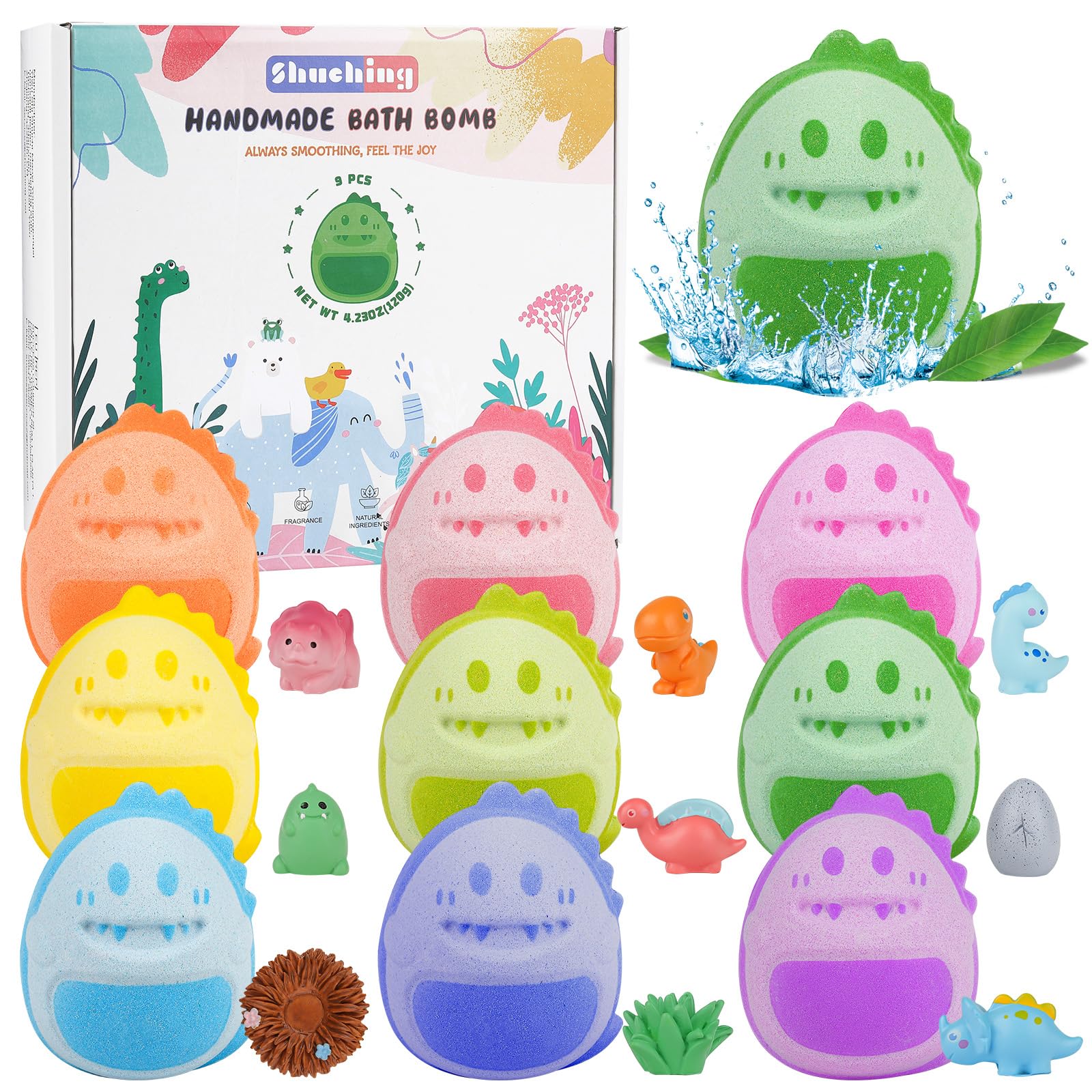 SHUCHING 9 Grande Bombas de Baño Dinosaurio Niños con Sorpresa, Bolas de Baño Sales Infantiles con Juguetes, Set de Regalos Orgánico Natural para Cumpleaños Fiestas