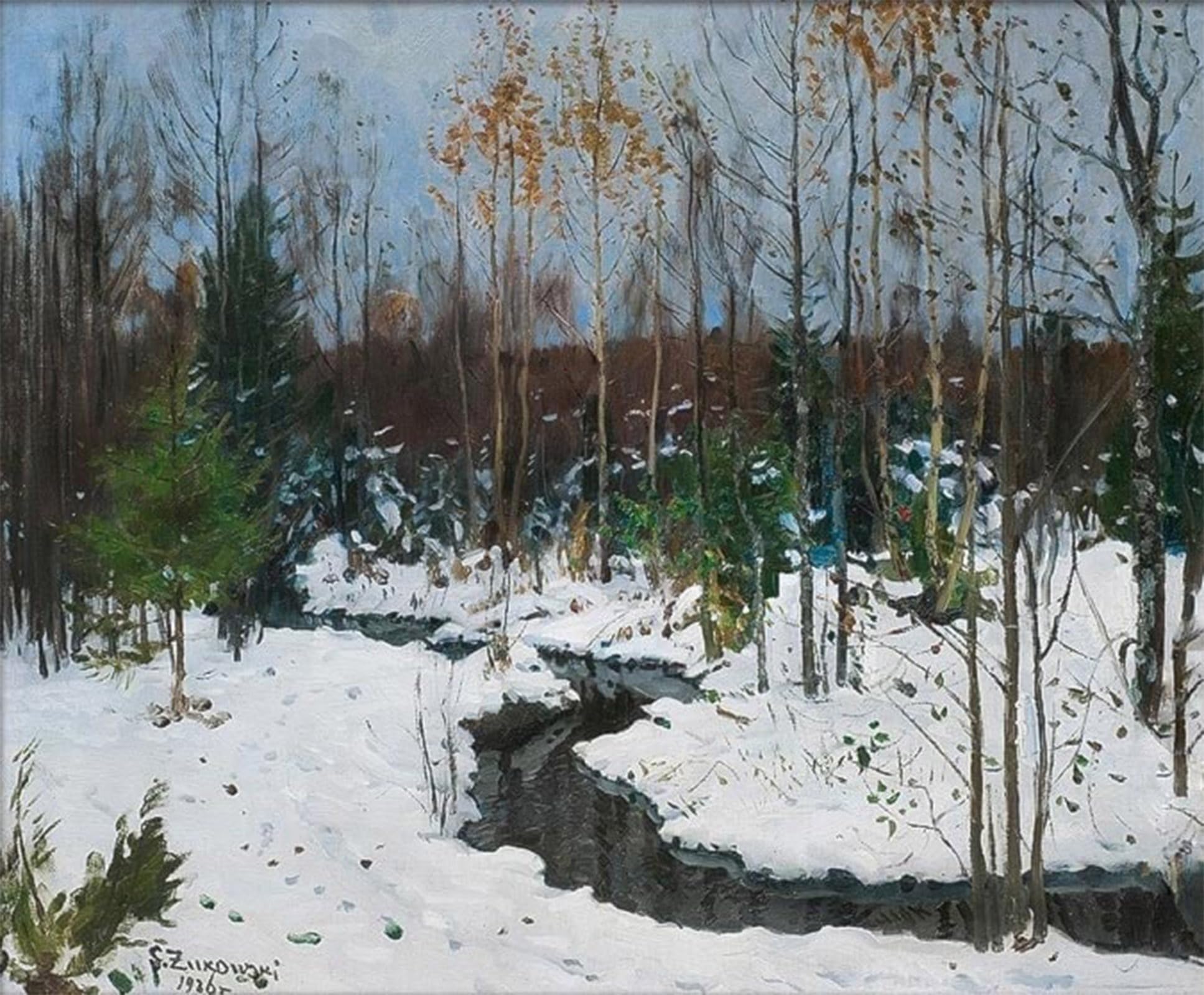 POSTERIIk Famous Modern Artwork Art Mural Forest Stream in Winter by Stanislav Zhukovsky Oil Paintings Pictures for Home Decor 60x90cm