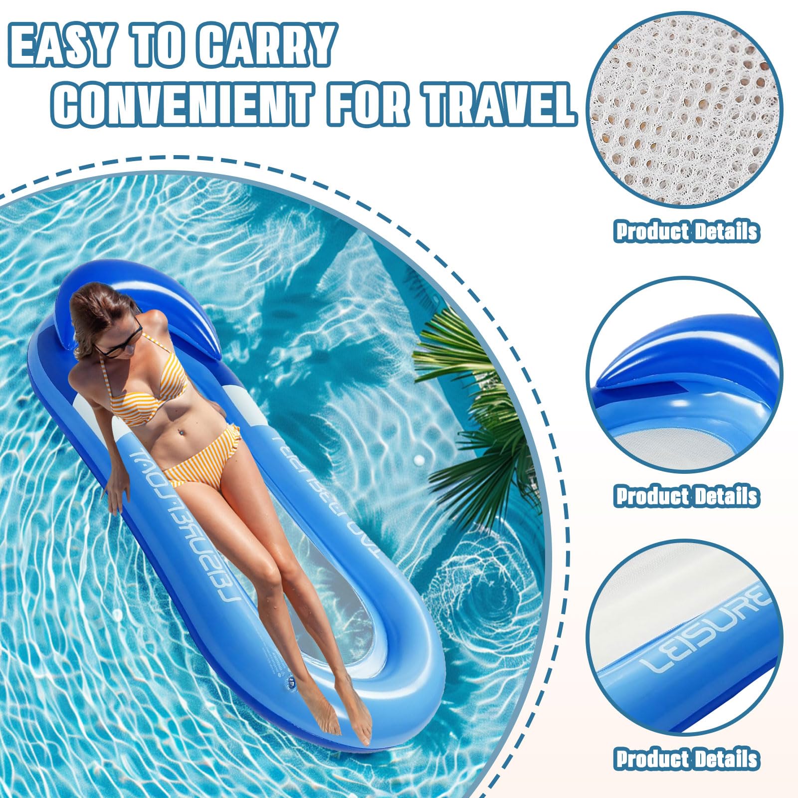 Ajuanbazha Matelas Flottant Piscine Gonflable 90 × 160 cm avec Appui‑Tête & Filet, Matelas Gonflable Piscine, Hamac d'Eau Portable pour Adultes, Idéal Plage, Lac & Fêtes (Bleu
