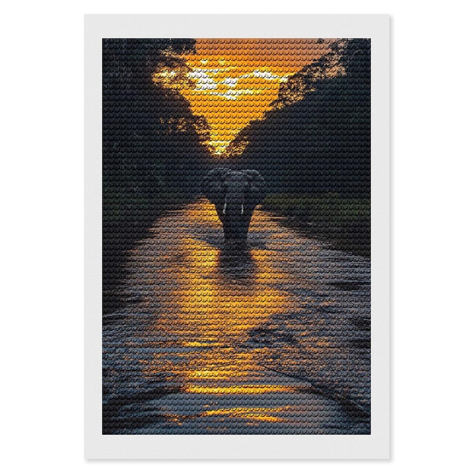 Junmoney Elephant Crossing River at Sunset Diamond Painting Canvas Set 8"x12", for Women, Pleasing Wall Art Project, Aesthetic Room Decor, Gift Idea