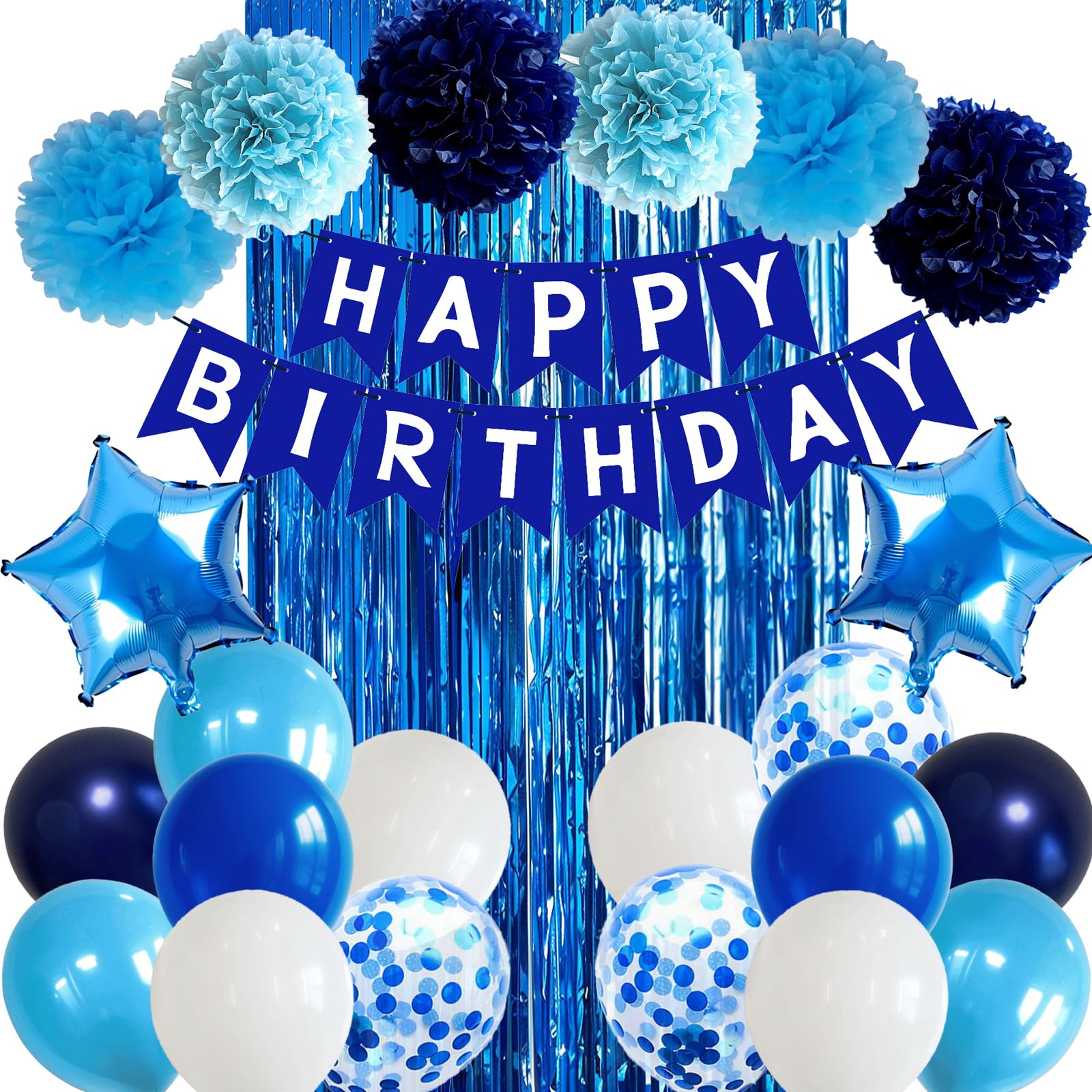 Hyballustw Blue Birthday Decorations for Boys Men Happy Birthday Banner Balloons Navy Royal Light Blue Pom Poms Foil Curtain Décor Royal Blue Birthday