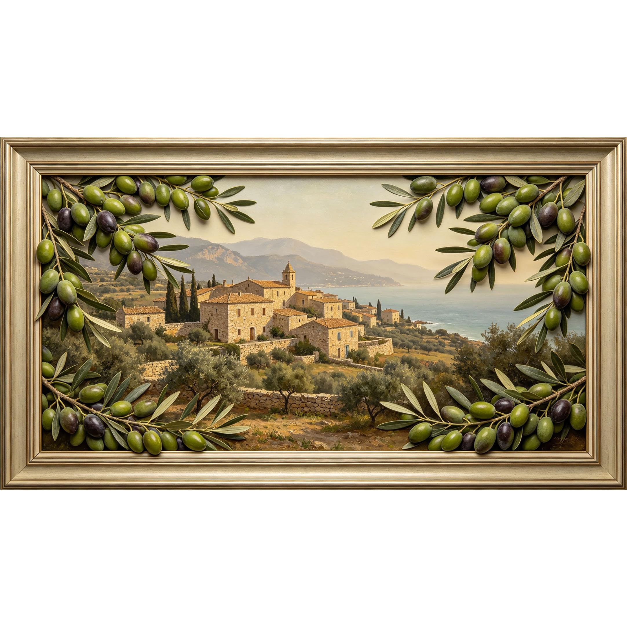QZLITHOTIC 50×90cm3D Framed Wall Art， Mediterranean Olive Branch Landscape Mural， Water?Activated Peel & Stick Fabric Decor Wall Decal for Bedroom Living Room