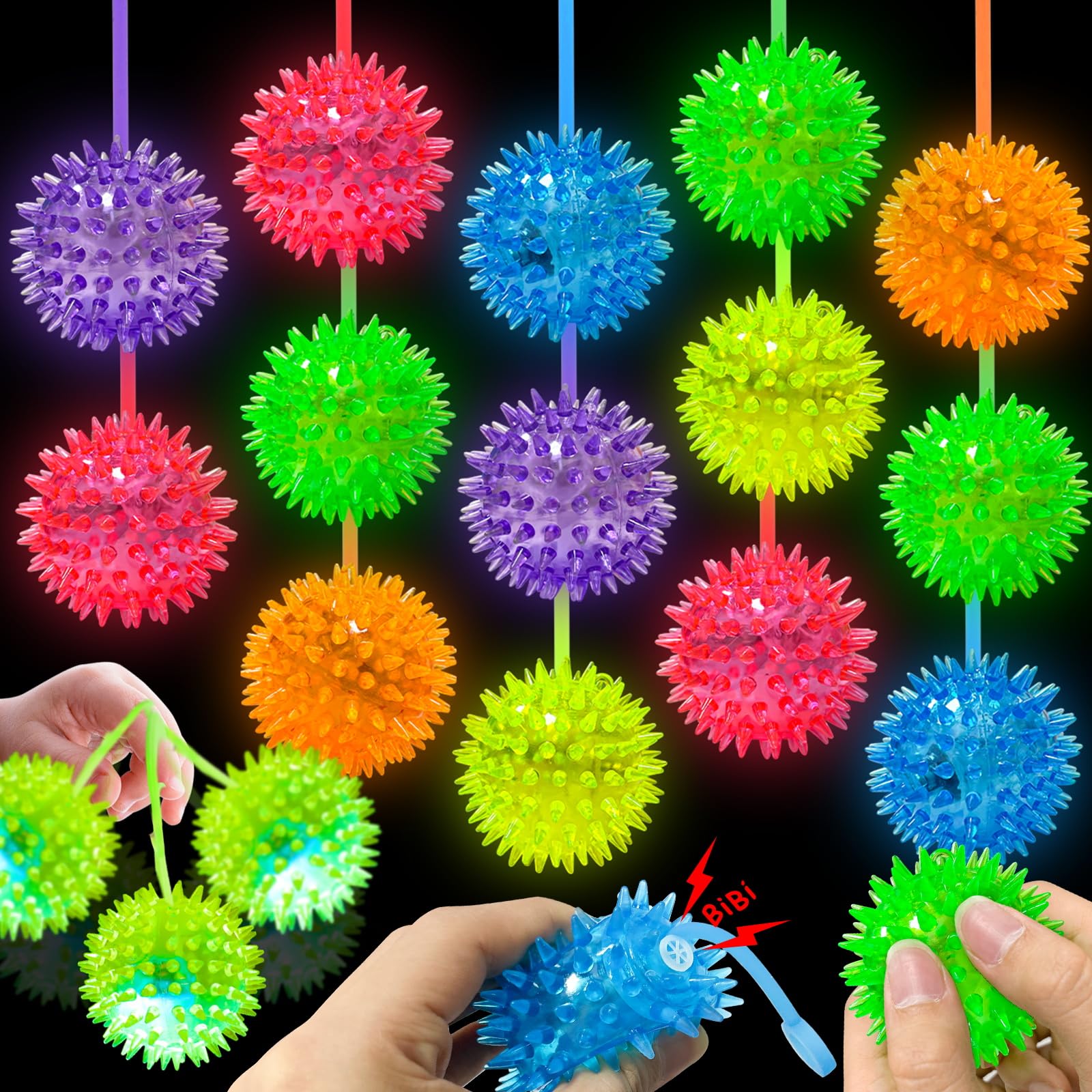 Photo 1 of 12 Pcs 2.4" Light Up Spiky Balls LED Flashing Squeaky Sensory Fidget Toys Stress Relief Bouncy Balls for Kids Boys Girls Teens Classroom Prizes Birthday Gifts Goodie Bag Stuffers Carnival Party Favors