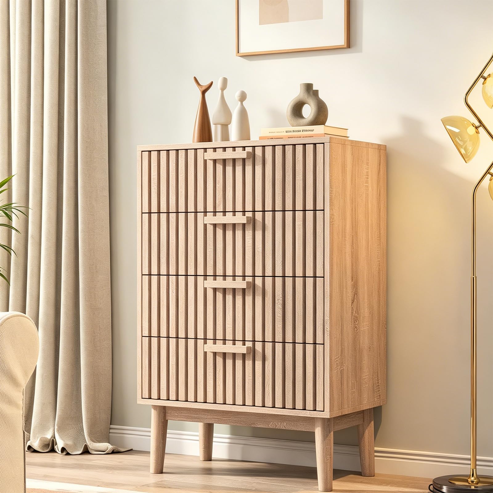 Komoda z 4 szufladami, 60 cm, drewniana szafka do przechowywania, z efektem żłobienia, do salonu, sypialni, jadalni (drewno z 4 szufladami, 60 x 34 x 90 cm)