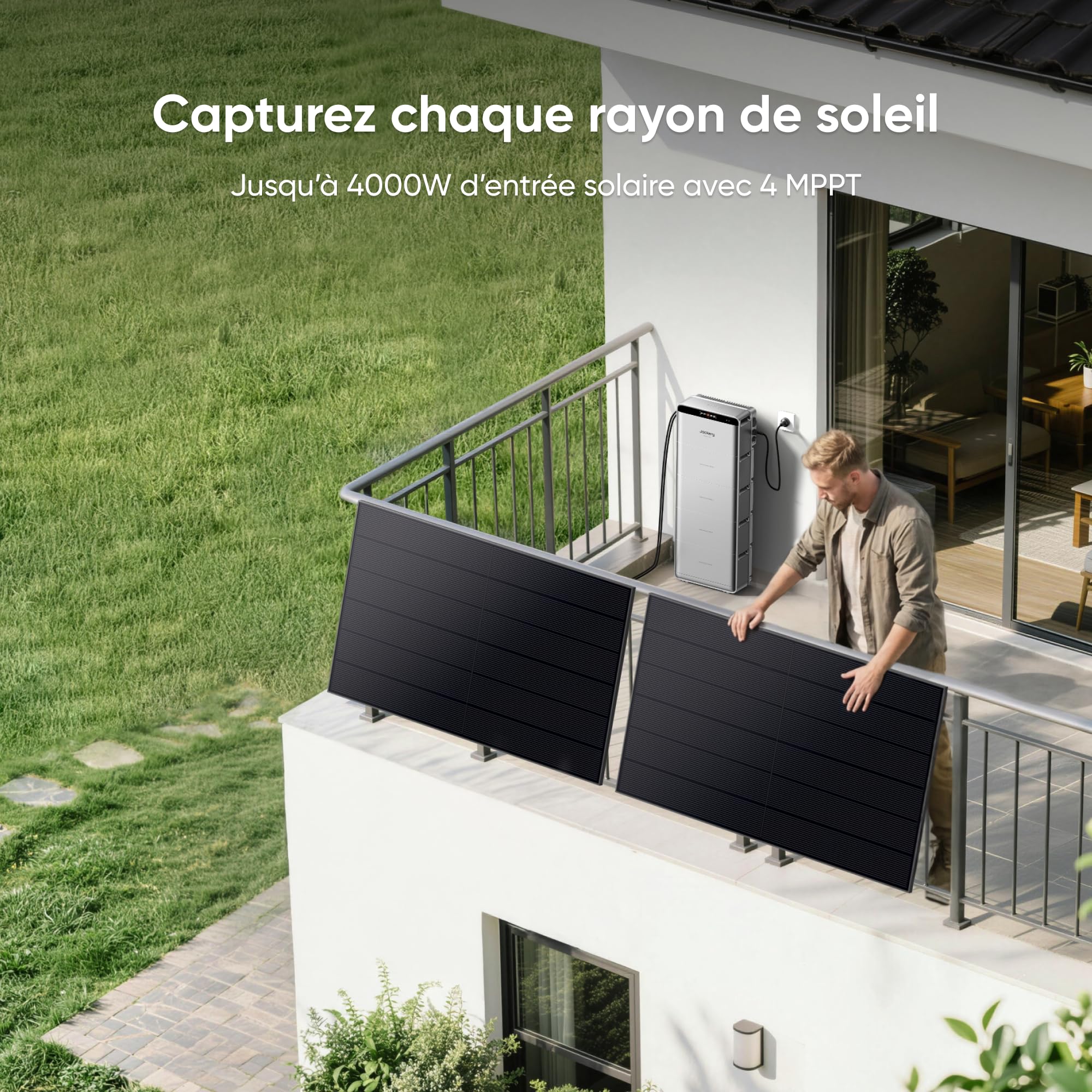 Jackery SolarVault 3 Pro Kit Solaire Balcon avec Batterie, BP2500 (2,52kWh), 4×500W Panneaux Bifaciaux Verre-Verre, 4000W 4 MPPT, Extensible 15,12kWh, Autoconsommation Plug & Play
