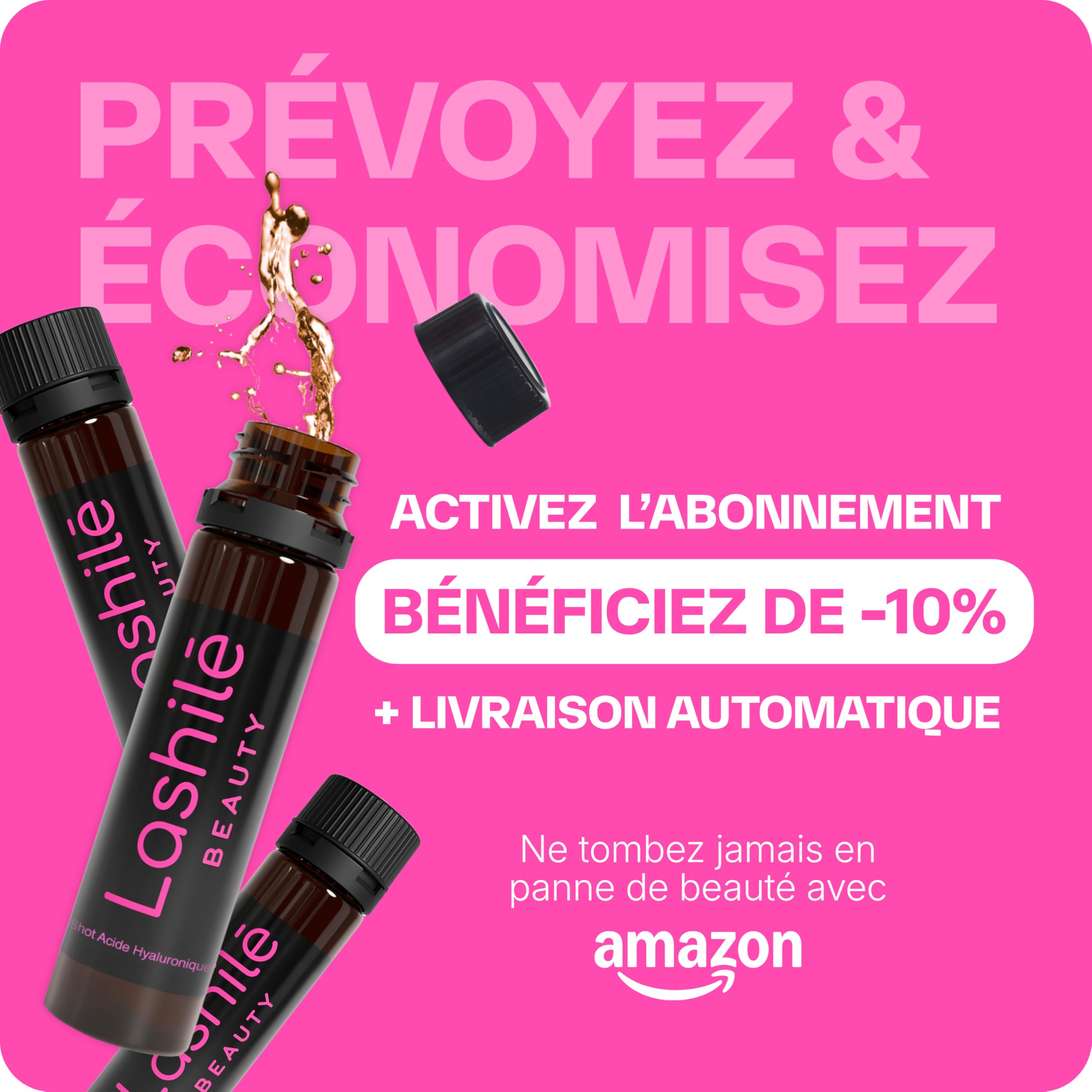 Lashilé Beauty - Complément Alimentaire - Anti-rides et élasticité de la peau - Shots Acide Hyaluronique 150 mg - Acide hyaluronique Zinc - Made in France - Programme 1 Mois