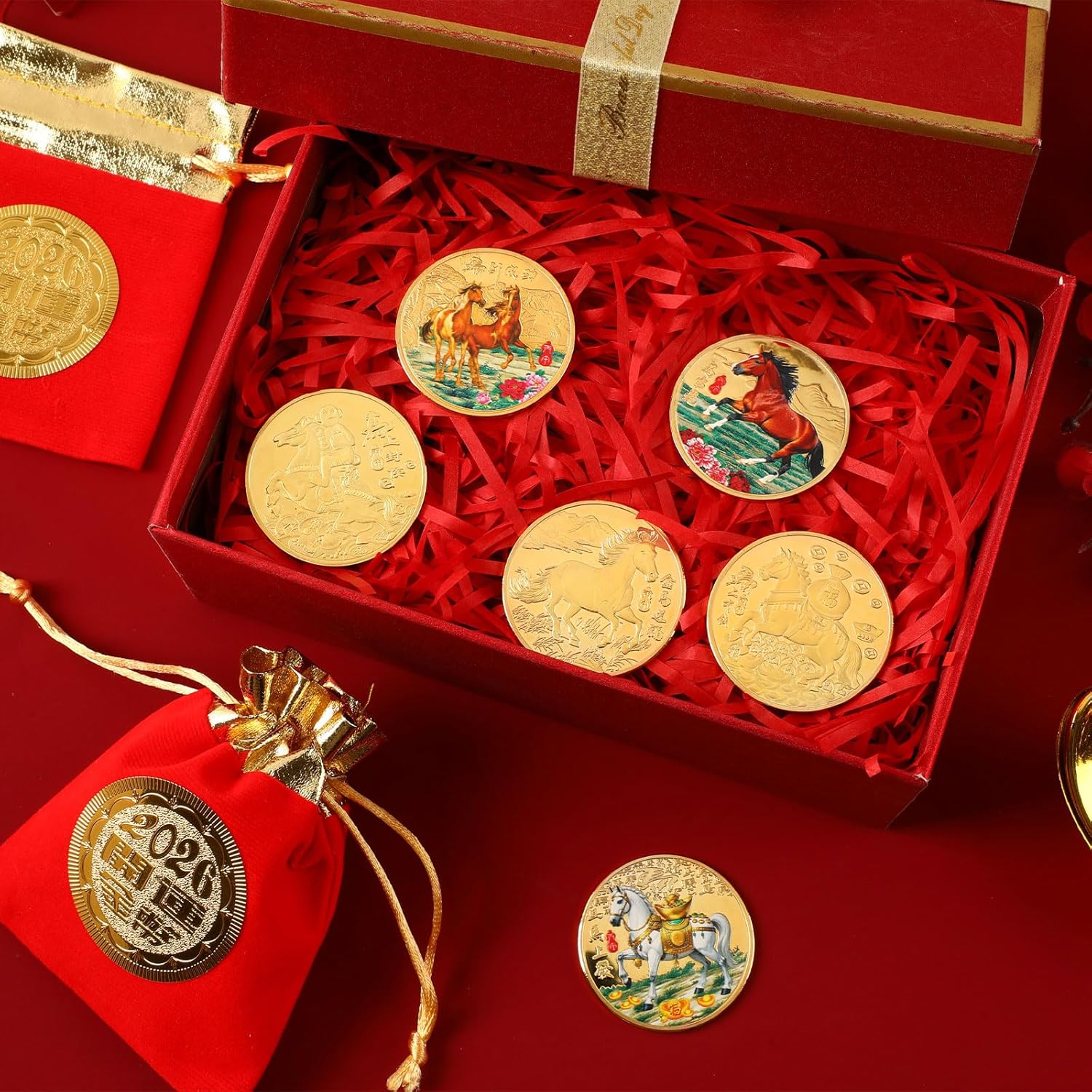 JANYUN 6 Pcs Lucky Chinese Coins Set,2026 Chinese New Year of Horse Decoration Year of The Horse Commemorative Coins with Drawstring Bags, Chinese New Year Gifts 2026
