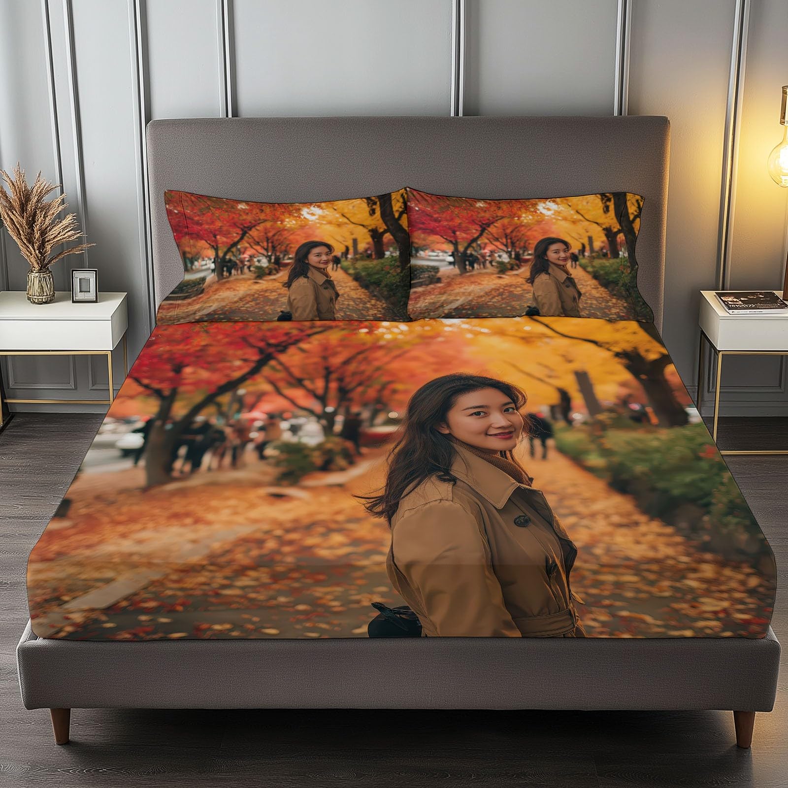 Park Asian Beauty Seul prześcieradło z gumką z nadrukiem w kolorze pomarańczowym, zestaw pościeli z nadrukiem 90 x 190 cm, z dwiema poszewkami na poduszki 65 x 65 cm beżowa kieszeń 30 cm - odporne na
