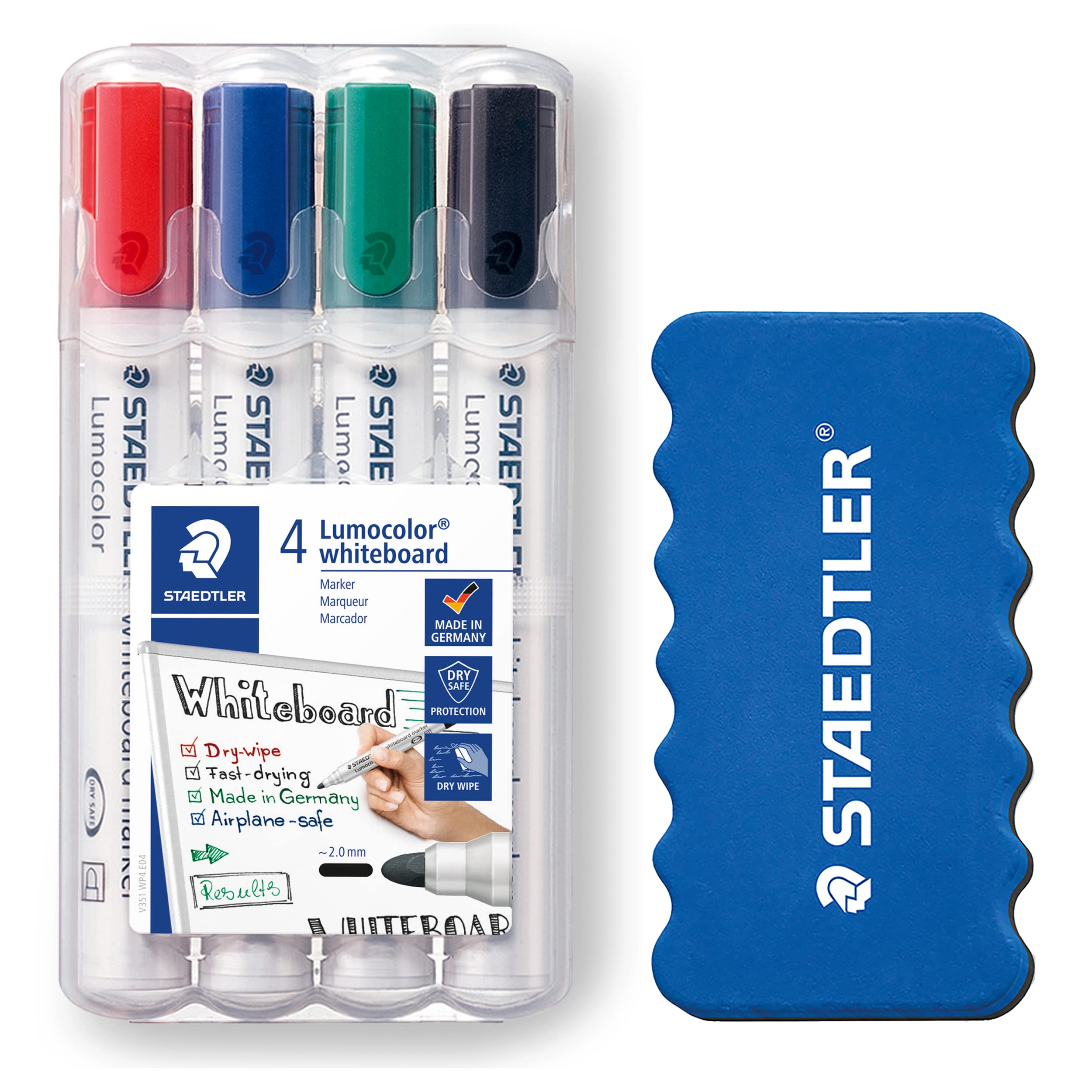 Staedtler Lumocolor 351 WP4P1X - Rotulador para pizarra blanca (2 mm de anchura, se puede borrar en seco y sin dejar residuos, alta calidad, juego de 4 rotuladores con esponja, incluye borrador)