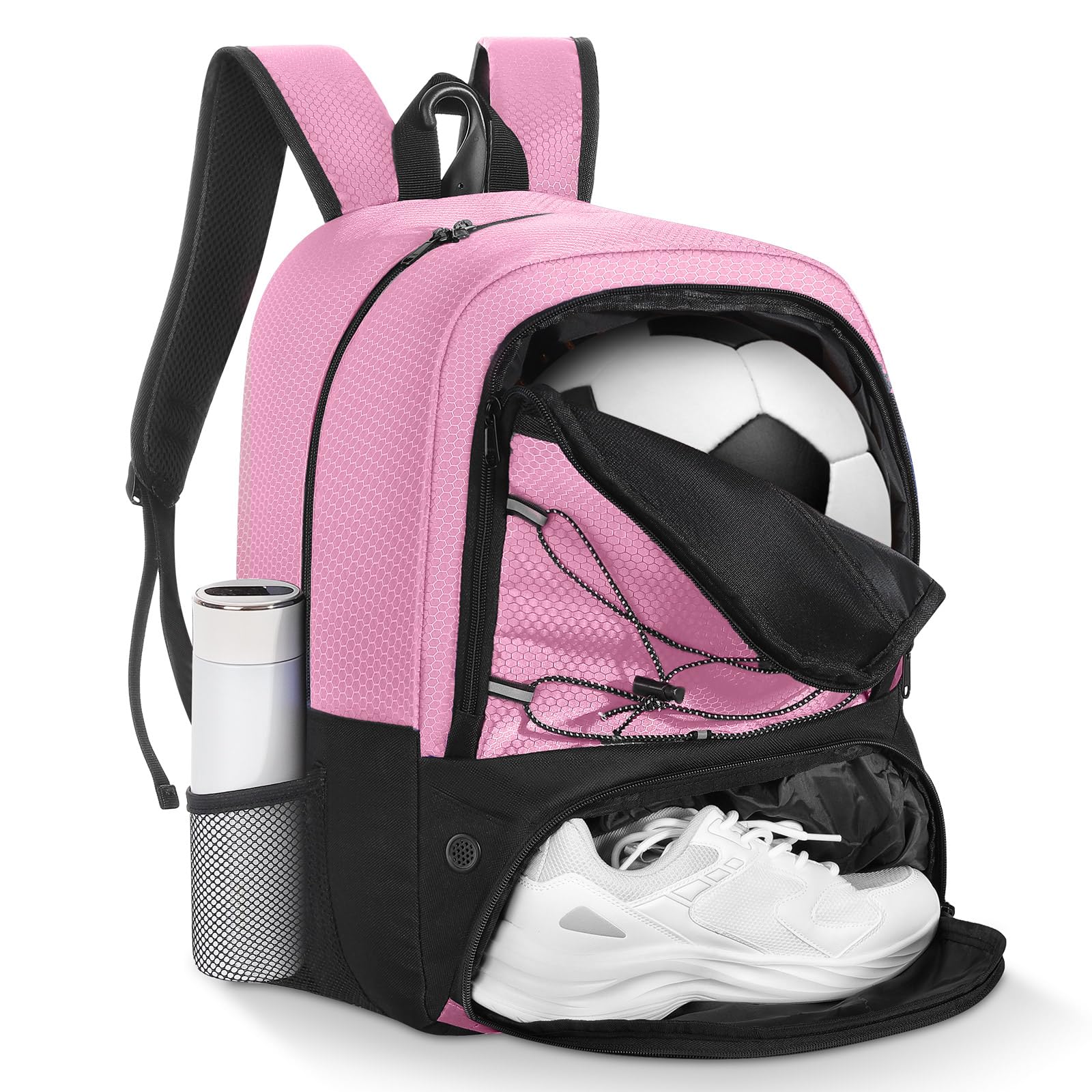 MoKo Soccer Bag Backpack, Basketball Backpack for Men & Women with Separate Ball and Shoes Compartments, Water-Resistant, Fence Hook, Sports Equipment Bag for Clothes, Shoes, Tablets, Laptops, Pink