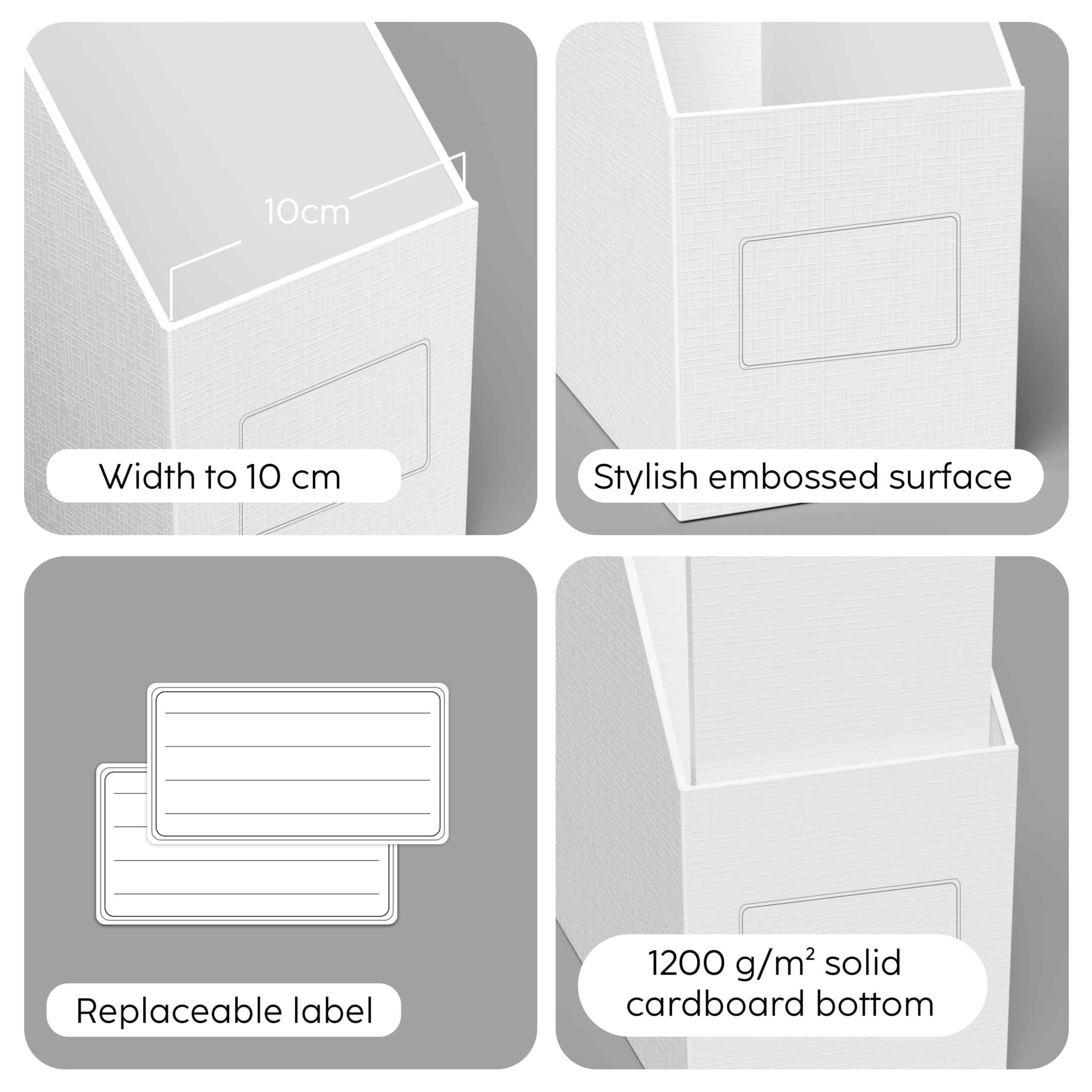 JiaWei A4 Portariviste (3 Pezzi), Realizzato in Cartone Extra Robusto da 1700 g/m², Porta riviste da 10,5 cm di Larghezza, Portariviste da Scrivania per Libri e File - Bianco