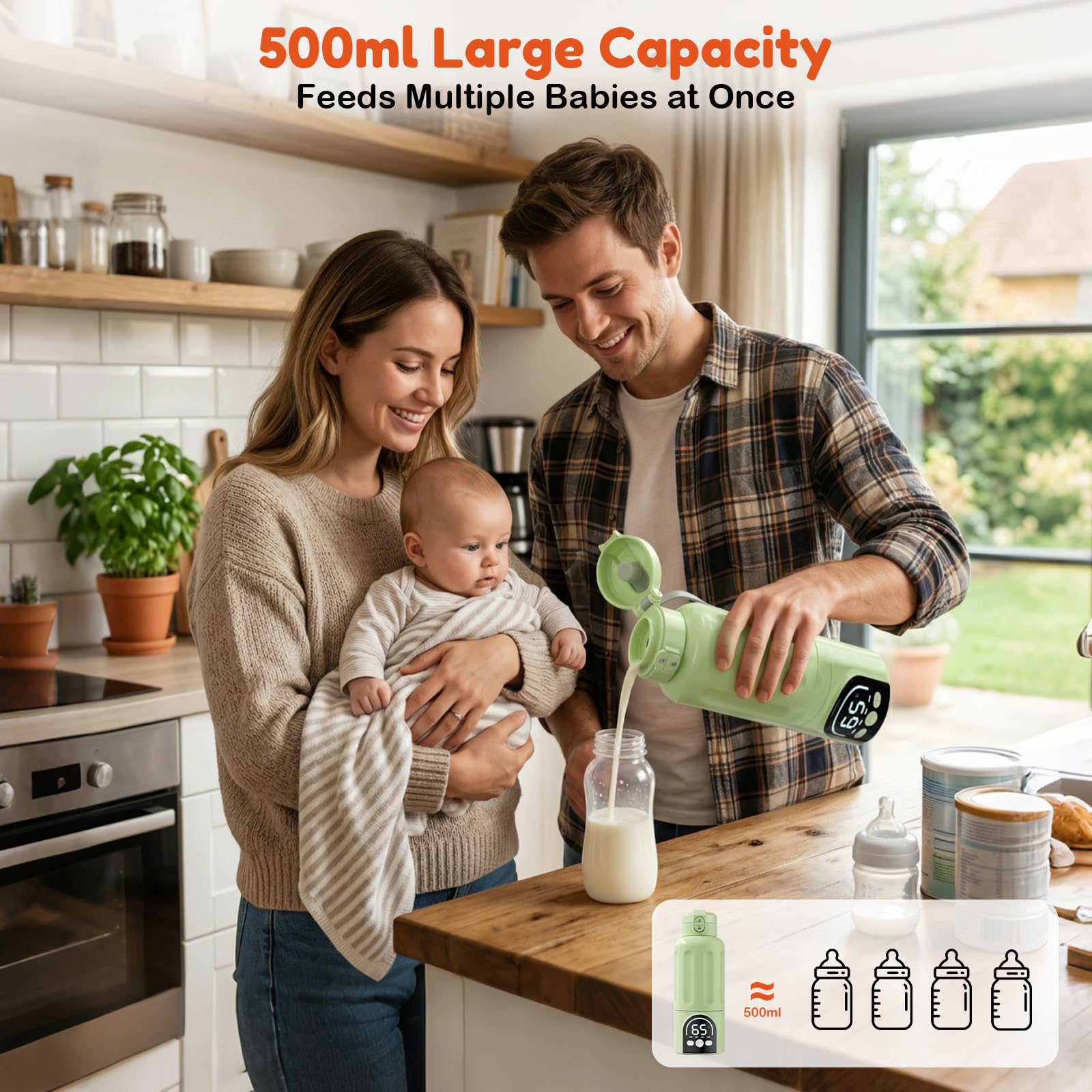 Scaldabiberon, Riscaldamento Rapido e Lunga Durata della Batteria 12000mAh, Controllo della Temperatura, 500ml Scaldabiberon per Tutto il Giorno per Latte Materno, Formula o Acqua (Verde)