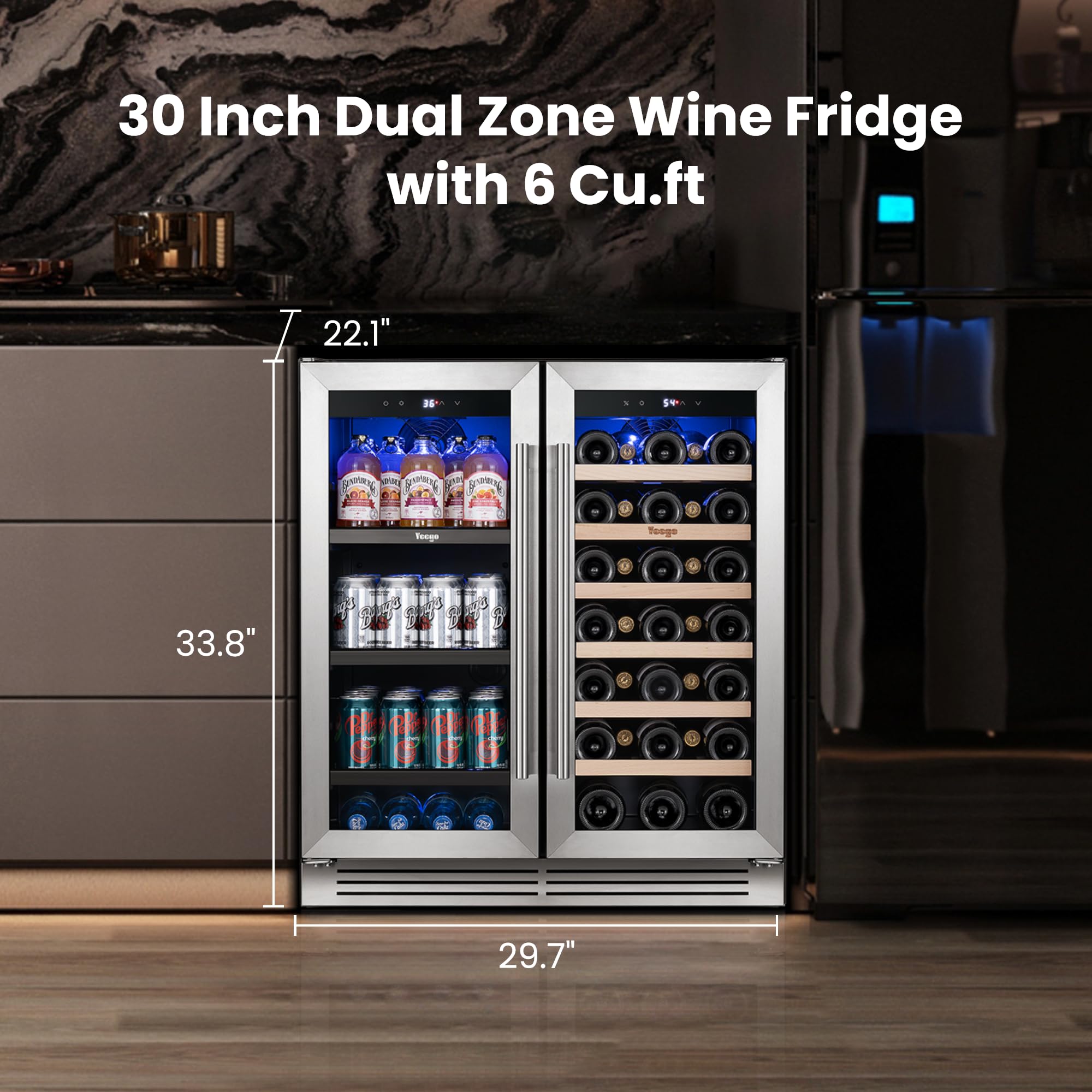 YEEGO Wine And Beverage Refrigerator, 30 Inch Dual Zone Wine Fridge With Glass Door, 36-72℉ Beer Cooler Holds 33 Bottles And 80 Cans, Built-In Or Freestanding Beverage Cooler For Home Bar Office on Fridge.com - View 2