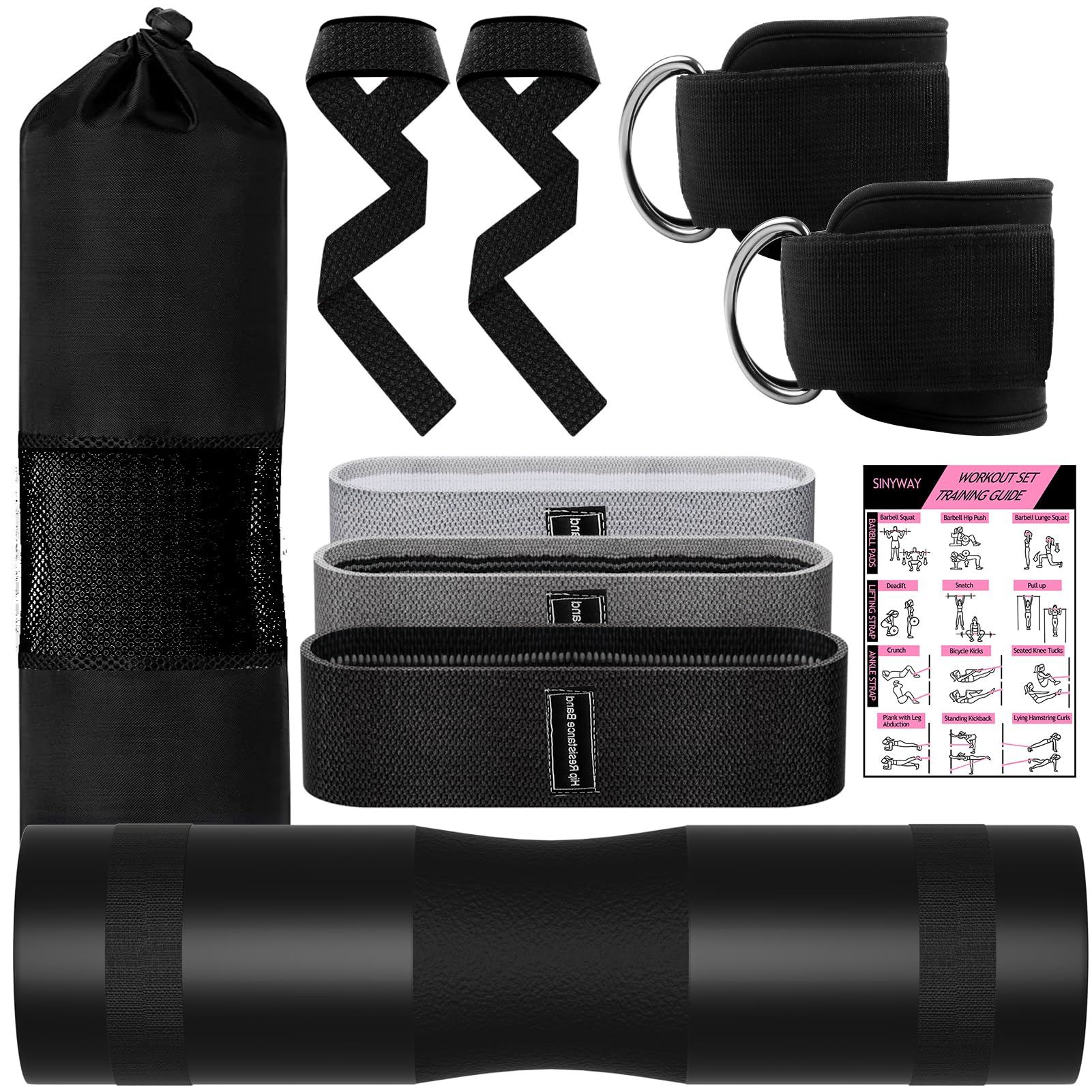 Barbell Pad Set for Squat,9 PCS Hip Thrusts Workout Foam Weight Lifting Bar Cushion with 2 Gym Ankle Straps,3 Hip Resistance Bands,2 Lifting Strap,Barbell Pad and Carry Bag