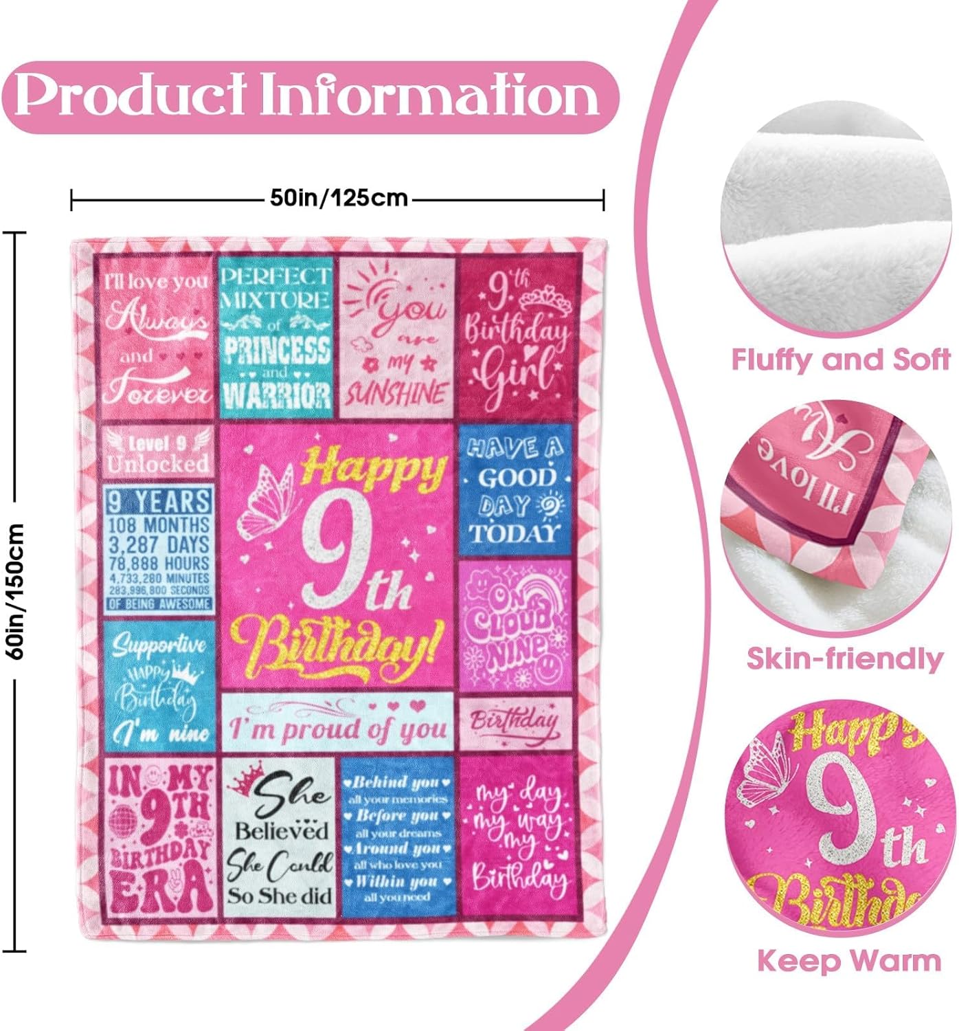 9 Year Old Girl Birthday Gifts - Birthday Gift for 9 Years Old Girl - 9th Birthday Decorations for Girls Daughter Granddaughter Niece - 9-Year-Old Girls Gift - 9th Blanket 50"X60" - Image 6