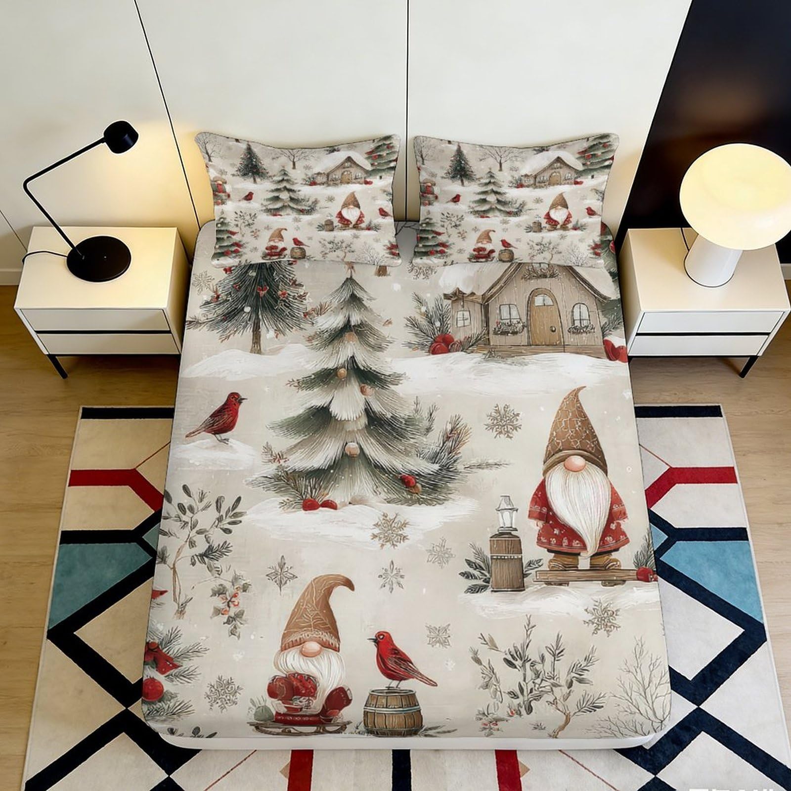 3D Printed Christmas Gnome Fitted Sheet Microfiber Soft Durable Snowflake Bed Cover for Bedroom Dormitory Guest Room Mattress Protection 120x200x25cm