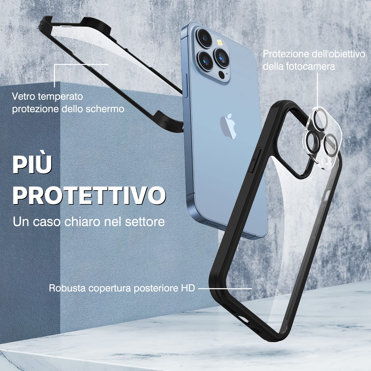 CENHUFO Cover iPhone 13 Pro Max, con Protezione Schermo Vetro Temperato Integrata e Pellicola Fotocamera [9H HD] 360 Gradi Antiurto Fronte Retro Doppia Faccia Custodia per iPhone 13 Pro Max -Nero