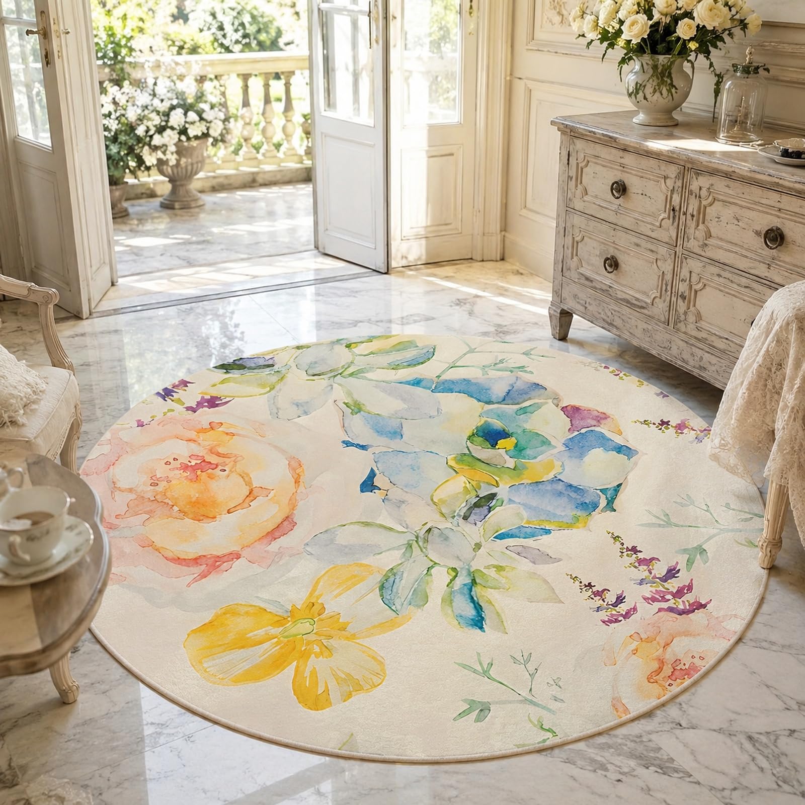 Tapis rond motif floral moderne doux pour creer un salon chaleureux
