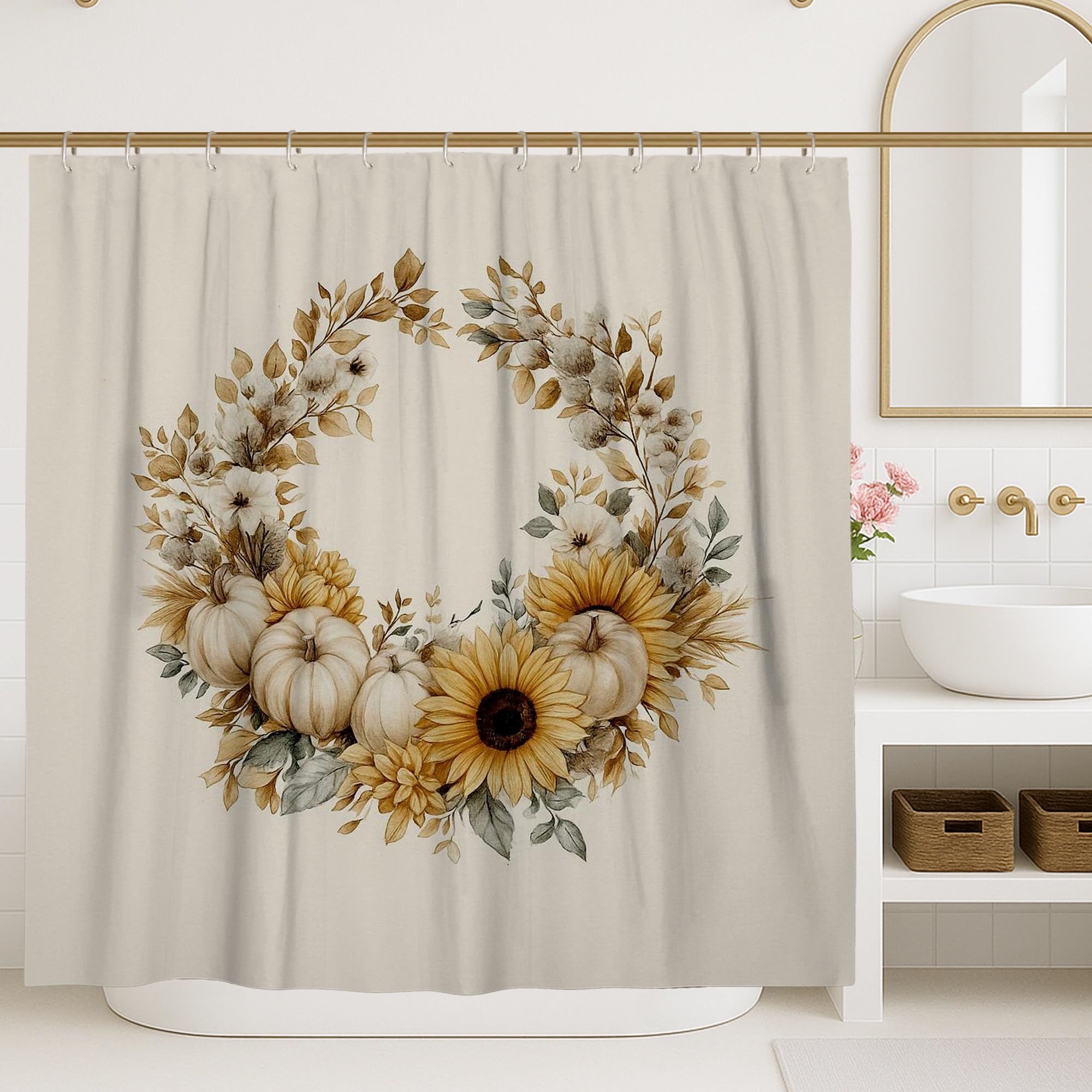 Rideau de douche tournesol et citrouille beige en tissu imperméable 183x213cm
