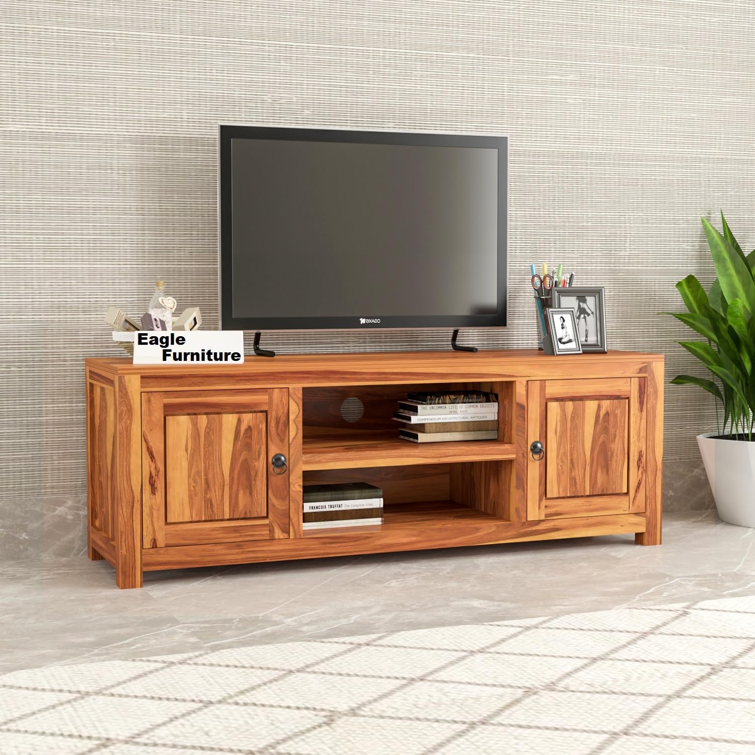 Eagle Furniture Solid Sheesham Wood Entertainment Tv Unit for Living Room | Free Standing Multipurpose Media Console Tv Cabinet Sideboard | Tv Table 2 Door Cabinet & 2 Open Shelf Storage | Teak Finish (B08JCH622S) Amazon Price History, Amazon Price Tracker