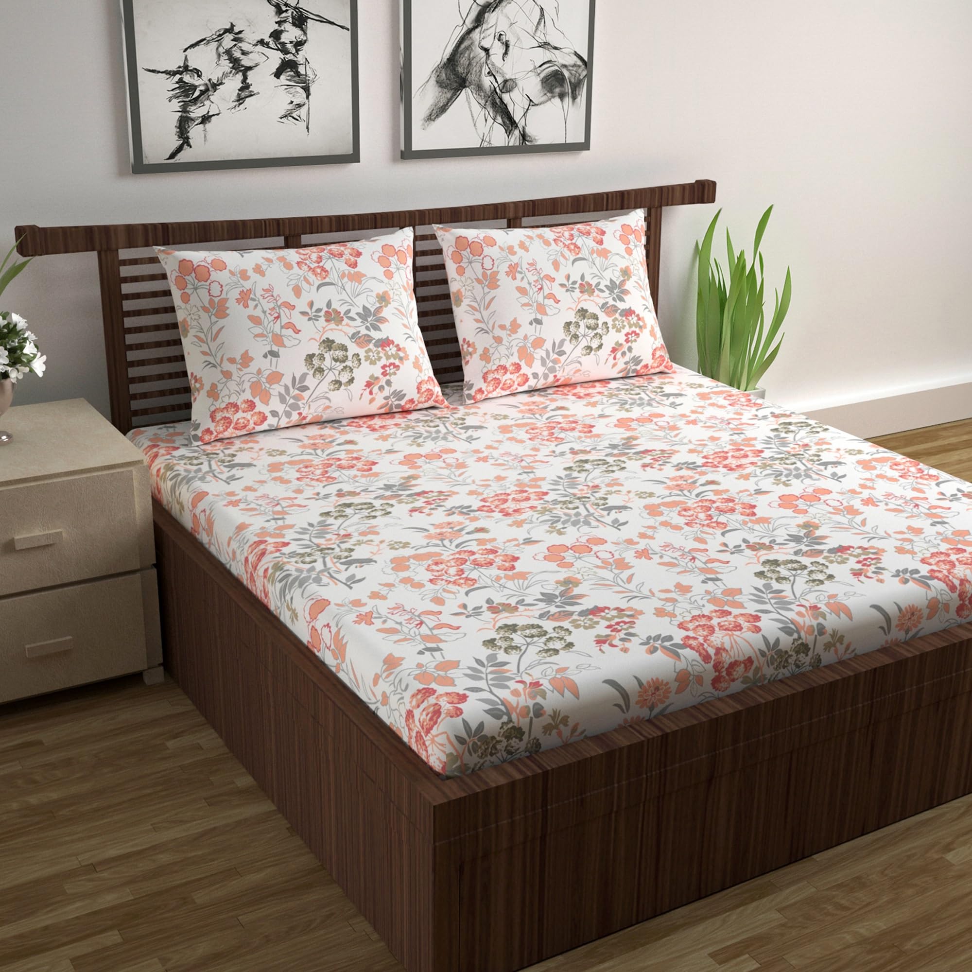 Divine Casa Double Size Bedsheet for Double Bed, 144 TC Pure Cotton Queen Size with 2 Pillow Covers | 222 by 254 cm | Floral | Peach Blush