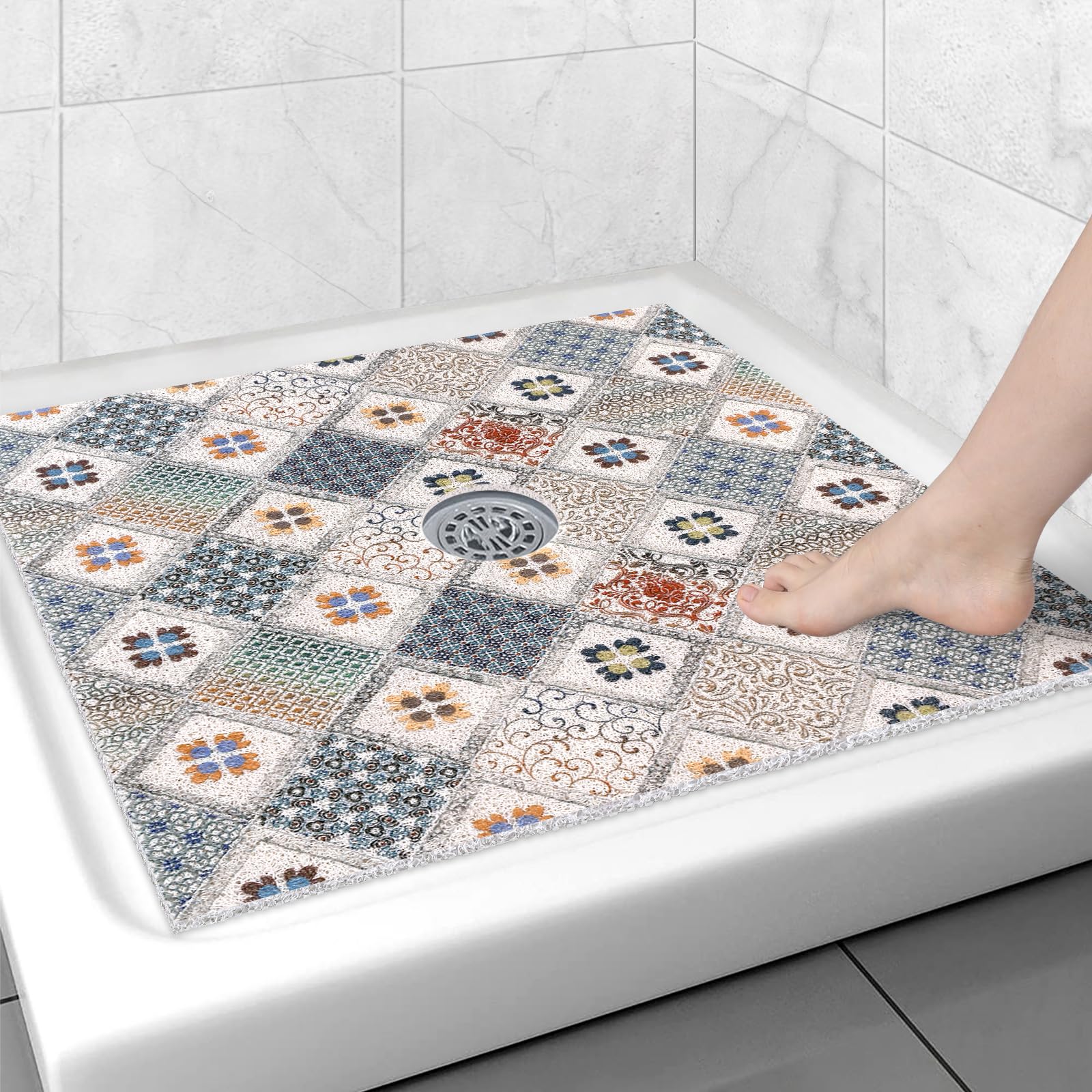 Square Shower Mat Non Slip: 31x31 Inch Extra Large Shower Floor Mat with Drain Hole in Middle - Soft PVC Loofah Bath Mat for Shower - Anti Slip Shower Stall Mat for Elderly and Kids