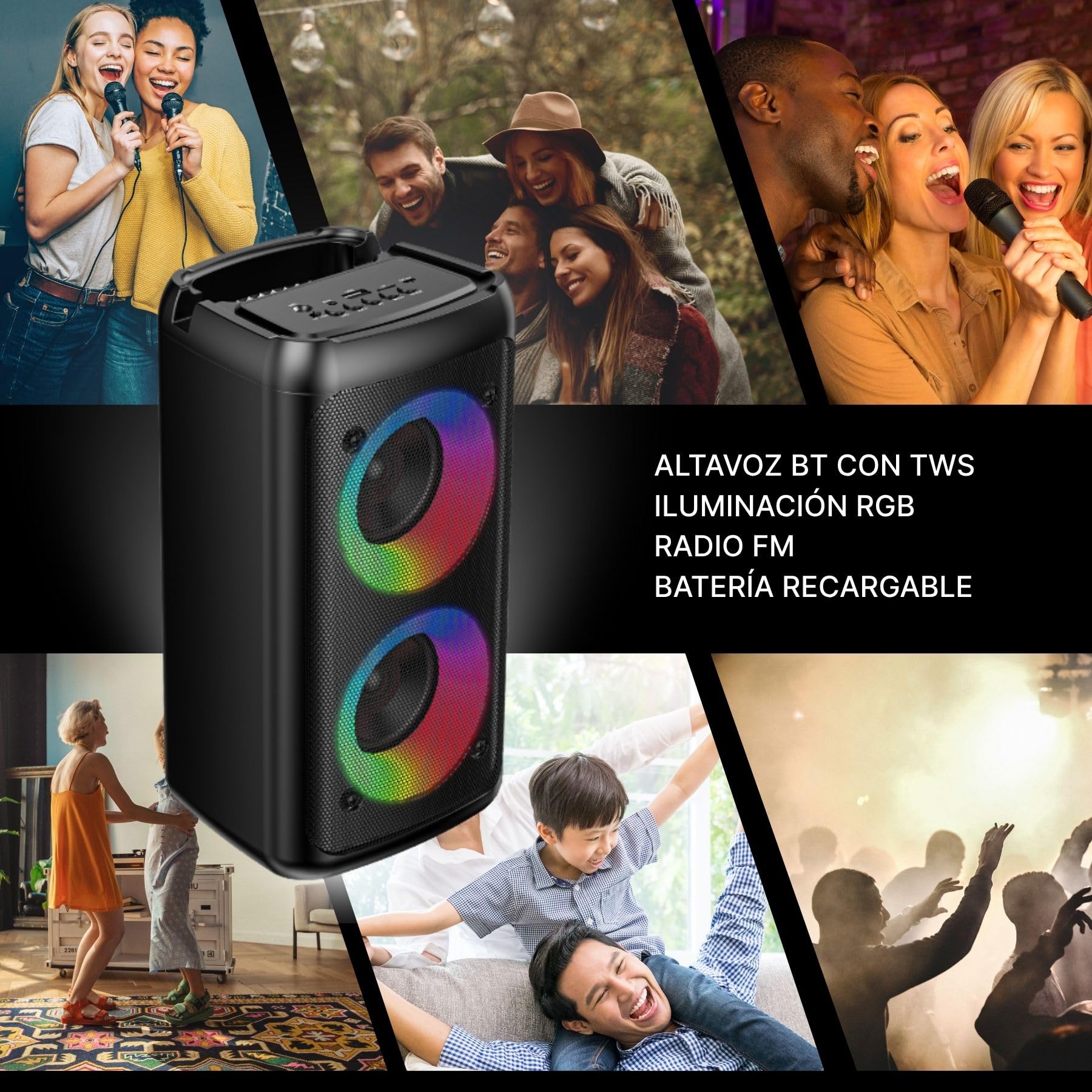 Altoparlante Bluetooth BSL-S21 con illuminazione sugli altoparlanti | 2 altoparlanti da 4 pollici | 20 W | Microfono in omaggio | Batteria da 2400 mAh | Lettore MP3 tramite USB | Ricarica USB-C