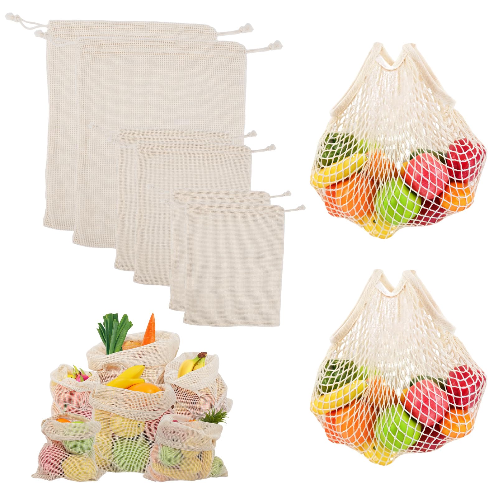 WRENYZK 8 sztuk worków na owoce i warzywa, wielokrotnego użytku, torby bawełniane, siatkowe torby z długim i krótkim uchwytem (2 x S, 2 x M, 2 x + 2 x torba do przechowywania)
