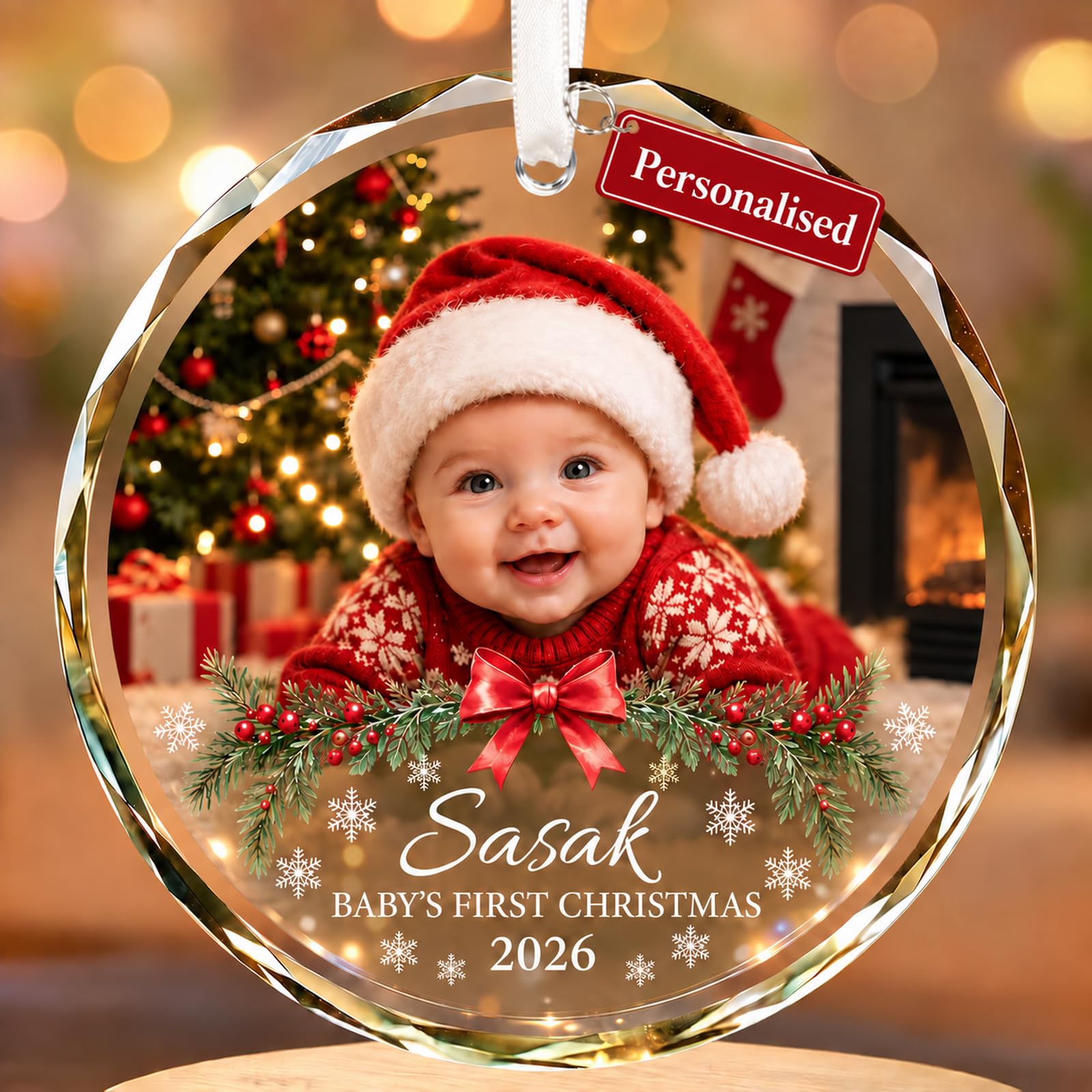 Bemaystar Personalised Baby's First Christmas Ornament, Custom Photo Crystal Glass Tree Decoration with Baby Name & Year, Newborn Keepsake Gift