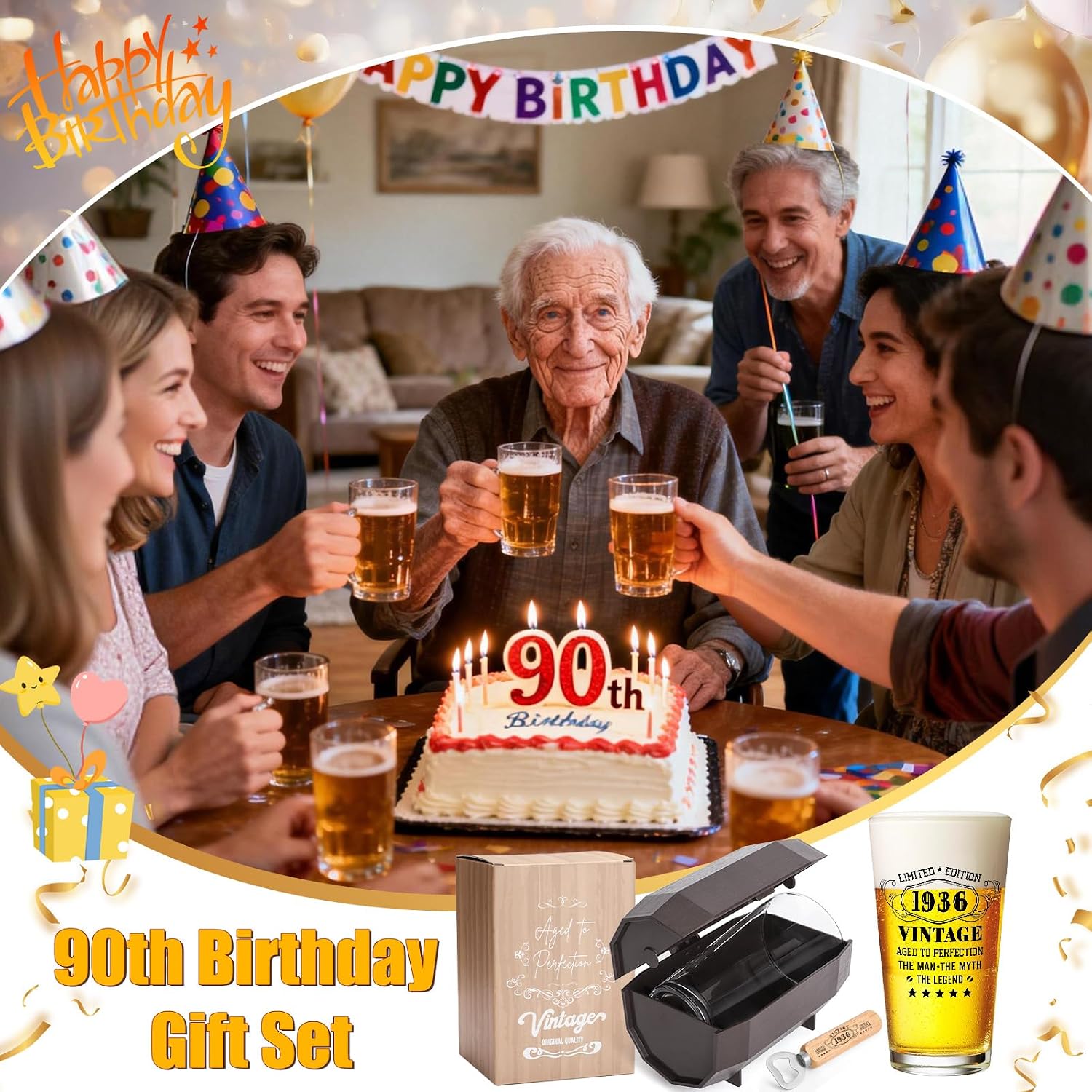 90th Birthday Gifts for Men, Vintage 1936 Beer Glass Set of 16oz in Barrel Box, 90 Year Old Gift Ideas for Him Husband Dad, Pint Glass for 90th Birthday Decorations & Wedding Anniversary