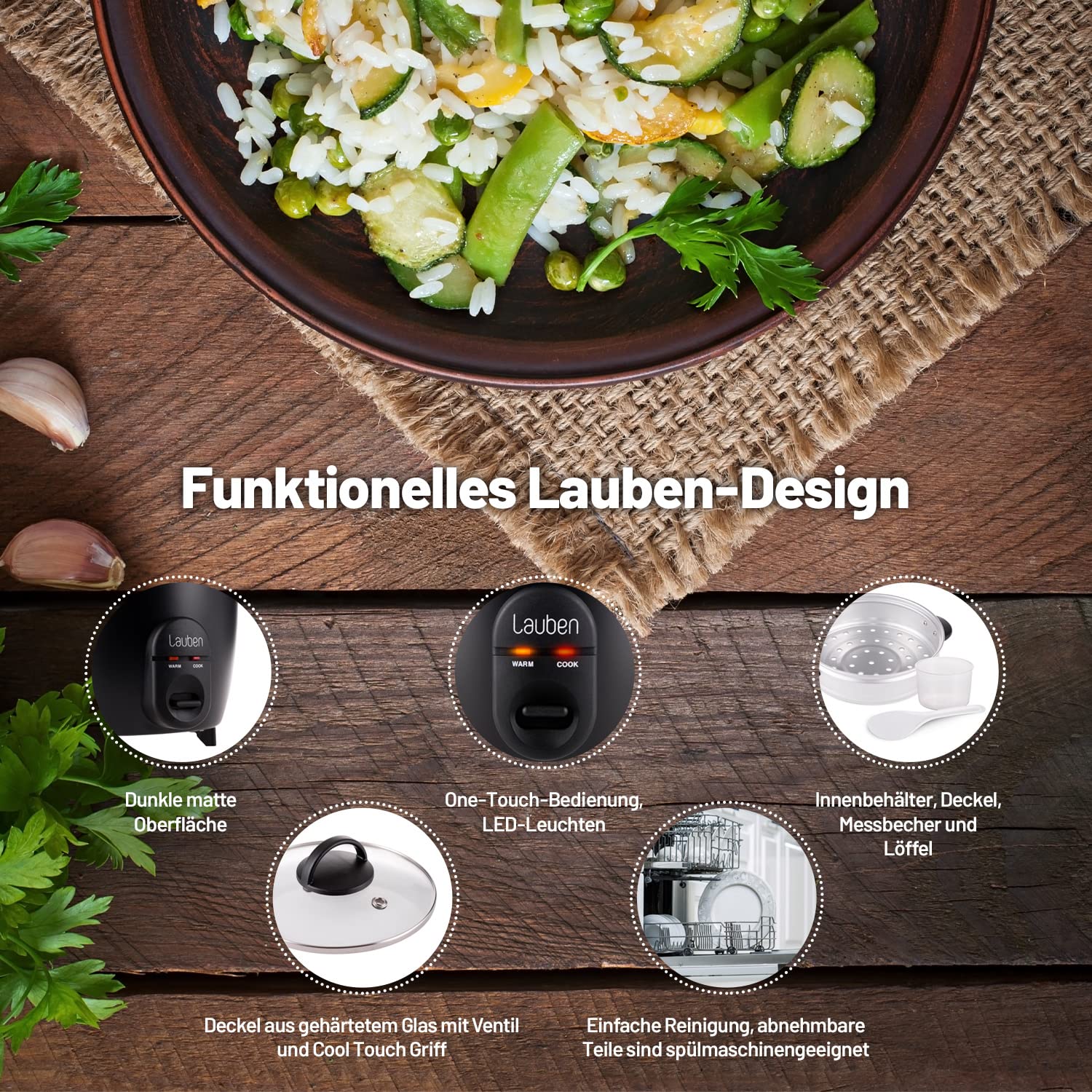 Lauben Rice Cooker 600BC Cuiseur à riz petit avec capacité de 0,6 l, insert vapeur en métal, couvercle en verre trempé, cuiseur vapeur, surface antiadhésive, technologie Cool Touch, fonction maintien