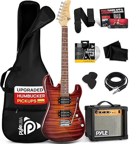Pyle Electric Guitar Kit with Amp, Full Size Instrument with Humbucker Pickups, Guitarra Electrica Amplifier and Beginner Bundle Accessories, 39"