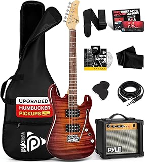 Pyle Electric Guitar Kit with Amp, Full Size Instrument with Humbucker Pickups, Guitarra Electrica Amplifier and Beginner Bundle Accessories, 39" Red