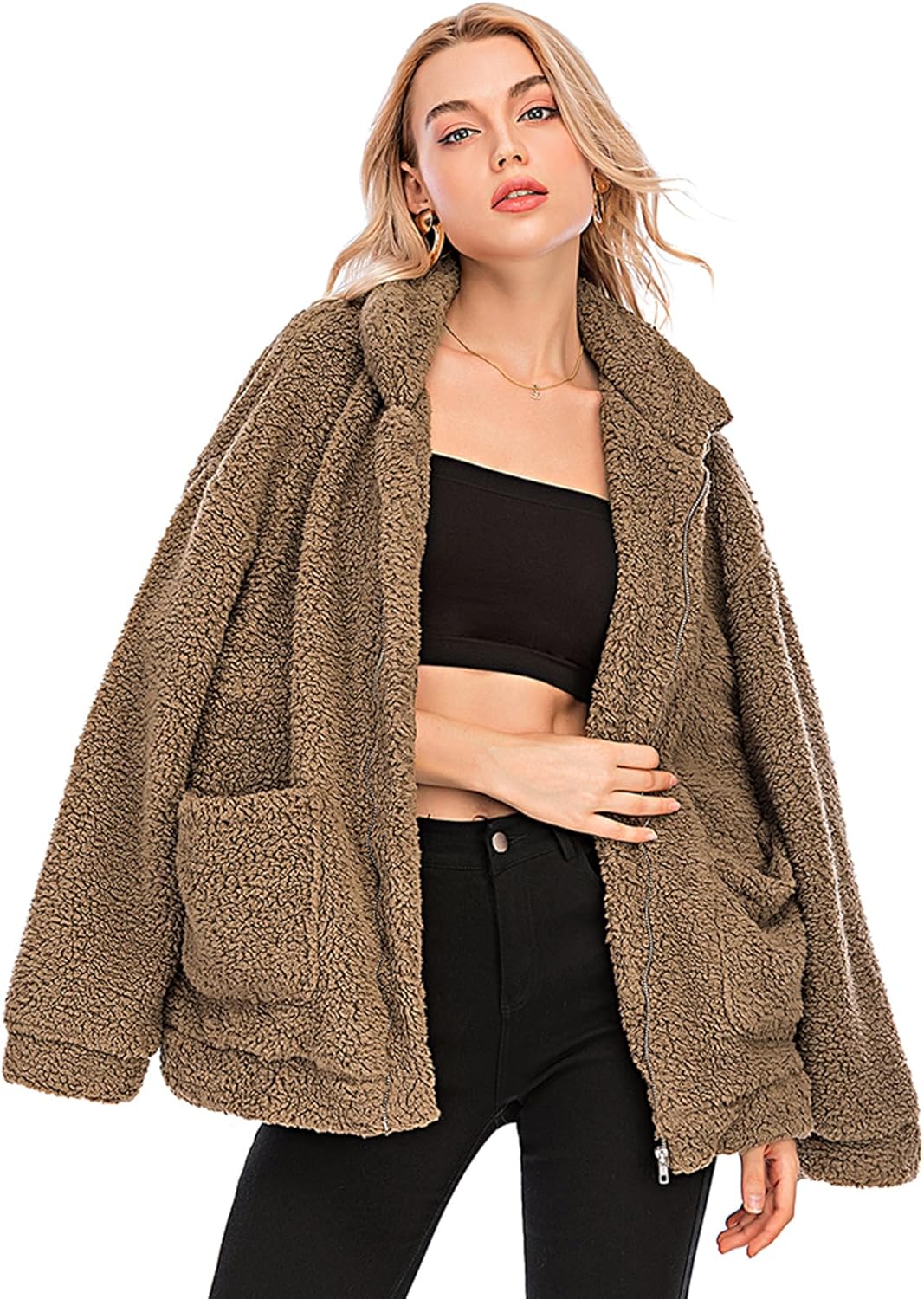 Comeon Winter Coats for Women Shaggy Fur Jacket Fuzzy Faux Shearling Zip Up Oversized Warm Shacket Outwear - Image 2