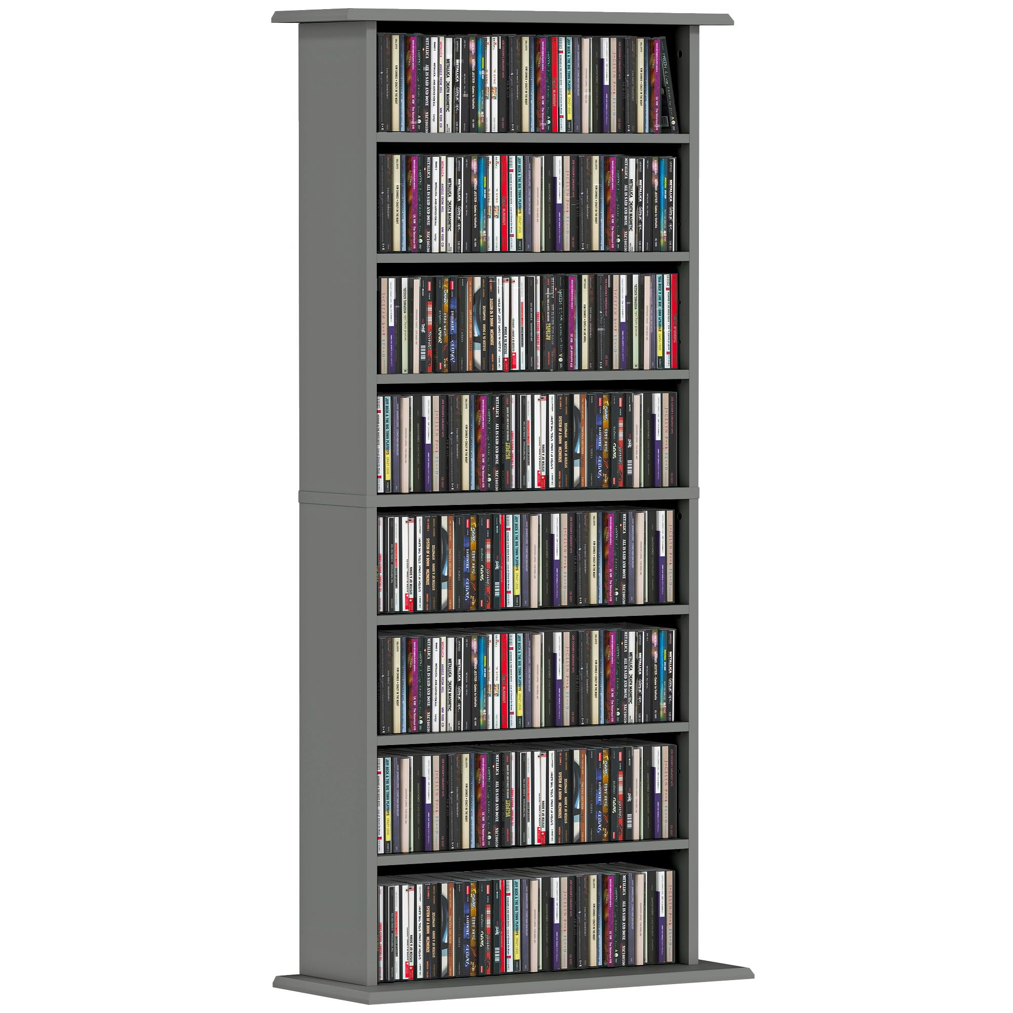 HOMCOM Rangements pour CD et DVD, meuble de rangement multimédia, capacité 360 CD/185 DVD et Blu-ray, 8 compartiments et 6 étagères réglables, pour salon, chambre, 58x24x126,3cm, gris