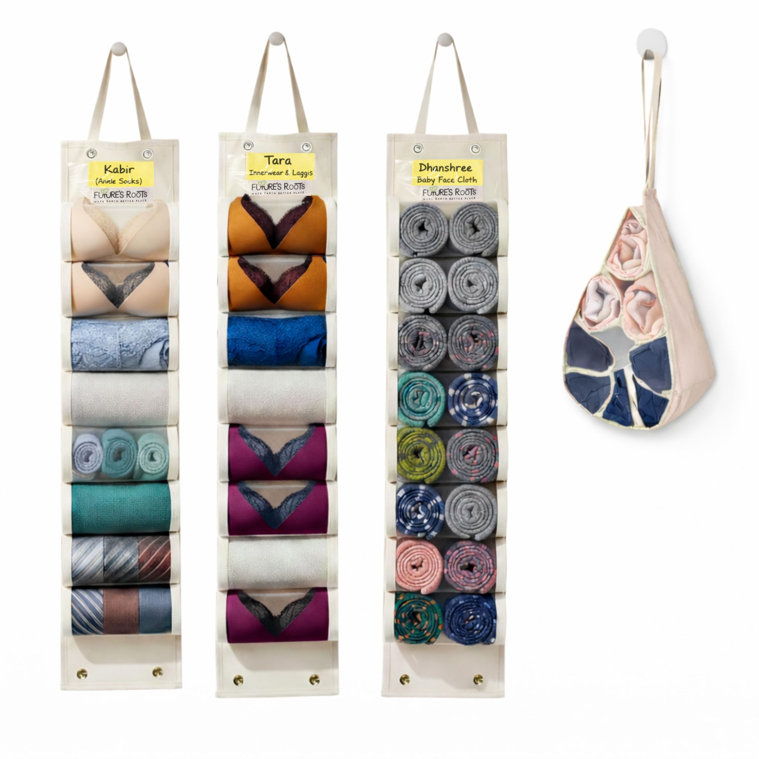 Cotton Hanging Socks Organizer for Wardrobe with 8 Transparent Mesh Pockets(Set of 3)/Wall Mounted & Travel Storage for Socks, Bra, Innerwear & Accessories/Foldable Space-Saving Design-image-37