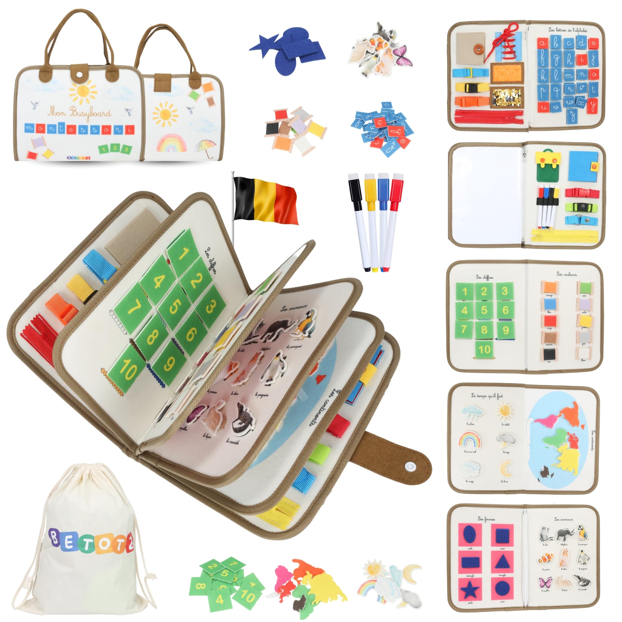 BusyBoard Montessori Français – Livre Sensoriel 10 Pages – 2-6 Ans – Animaux, Formes, Lettres, Motricité (rose)