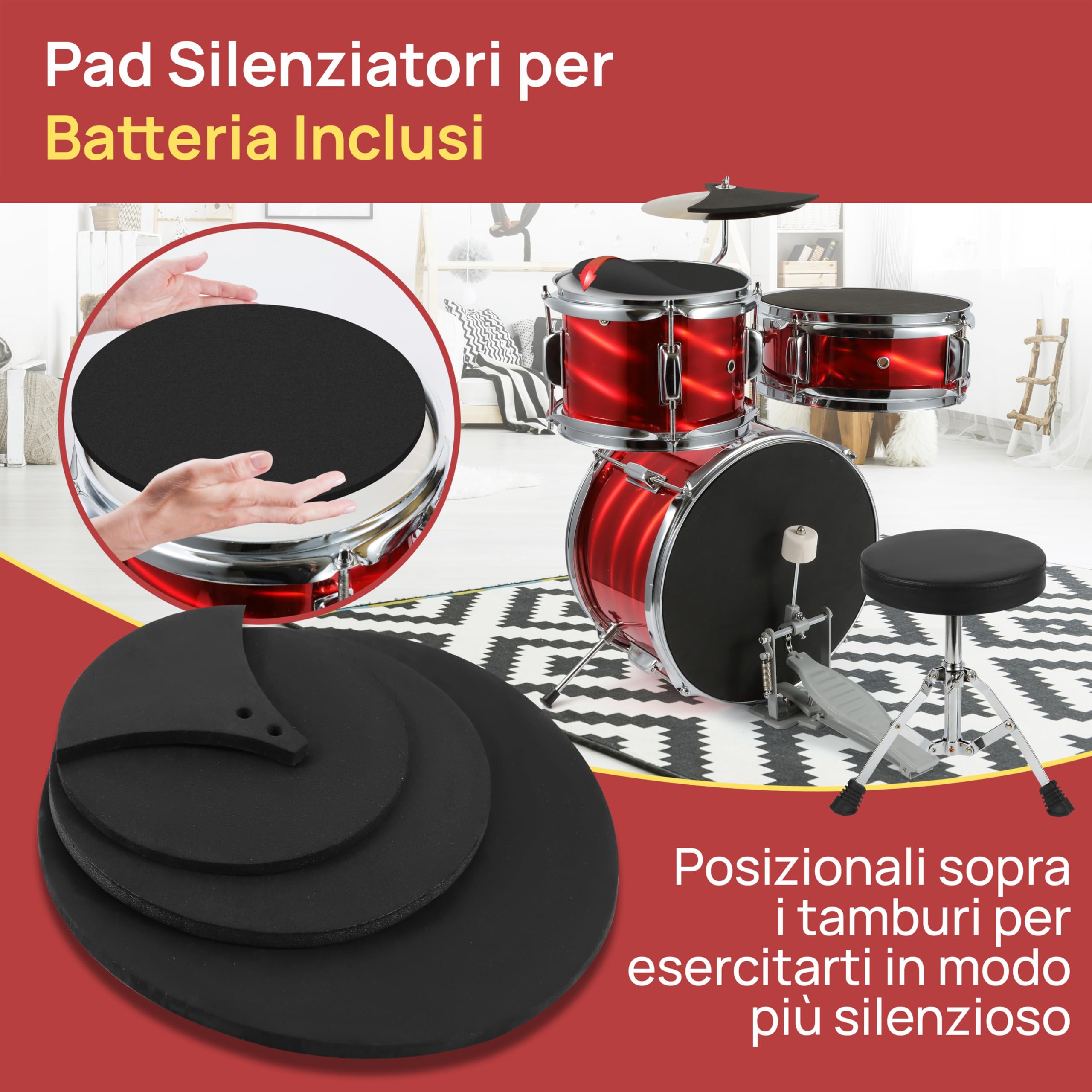 Pyle Set di Batteria per Bambini, Kit Iniziale 3 Pezzi con Grancassa da 33 Centimetri, Rullante, Tom, Piatti e Bacchette Batteria
