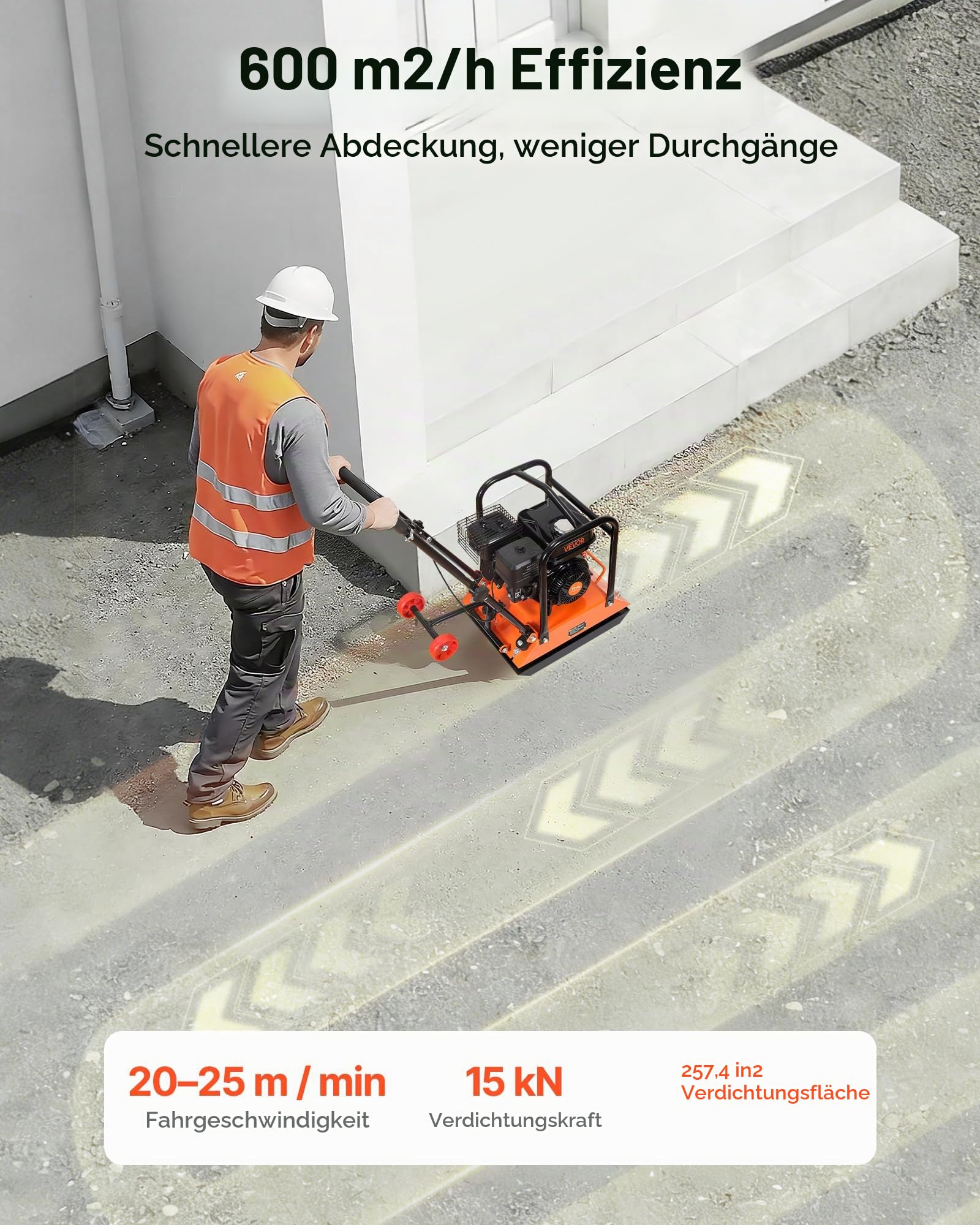 VEVOR Benzin Rüttelplatte, 6,5 PS (212 CC) Motor, 6400 U/min Vibrationsstampfer, 15 kN Verdichtungsdruck, Platte 530x400 mm, Handgeführter Rüttler für Pflasterarbeiten, Asphalt & Fundamente