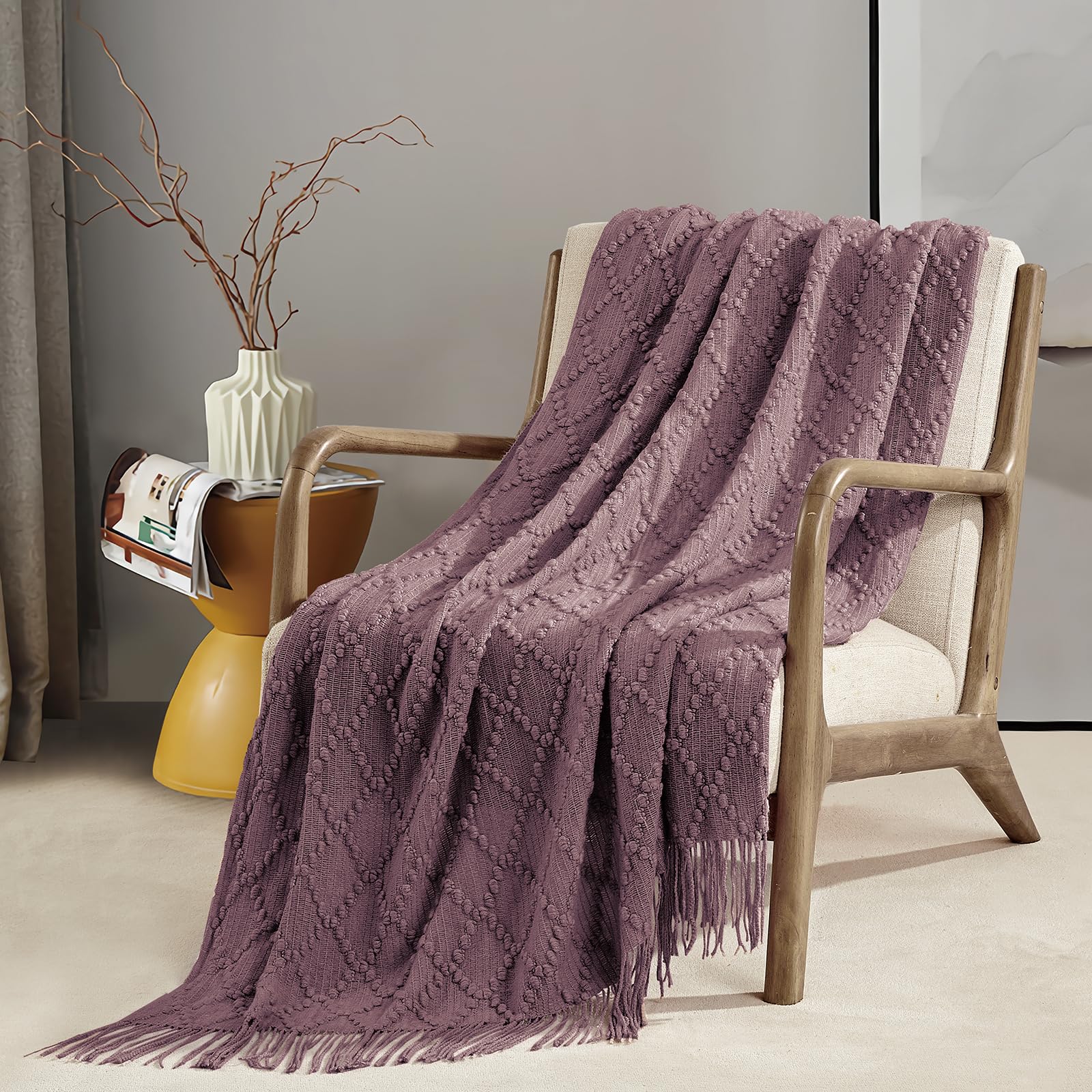 BOURINA Throw Blanket Textured Solid Soft Throws and Blankets for Sofa or Bed Knitted Decorative Blanket 127x178cm Dark Lavender - Image 4